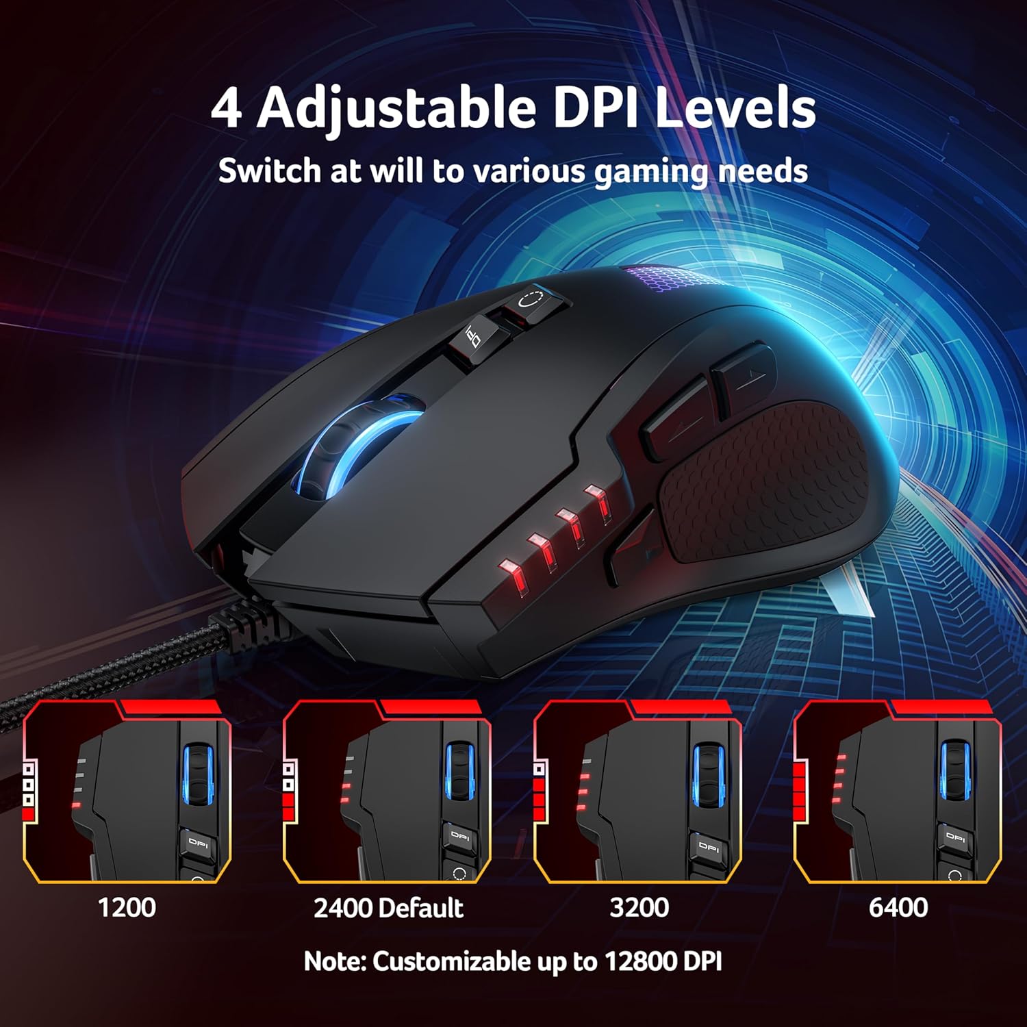 acer Wired Gaming Mouse, 12800 DPI Mouse Gaming RGB, 1000Hz Polling Rate, 8 Programmable Button, 12 Backlights, High Precision, Rapid Fire, Ergonomic Computer Mouse with Driver for Laptop, PC, Mac