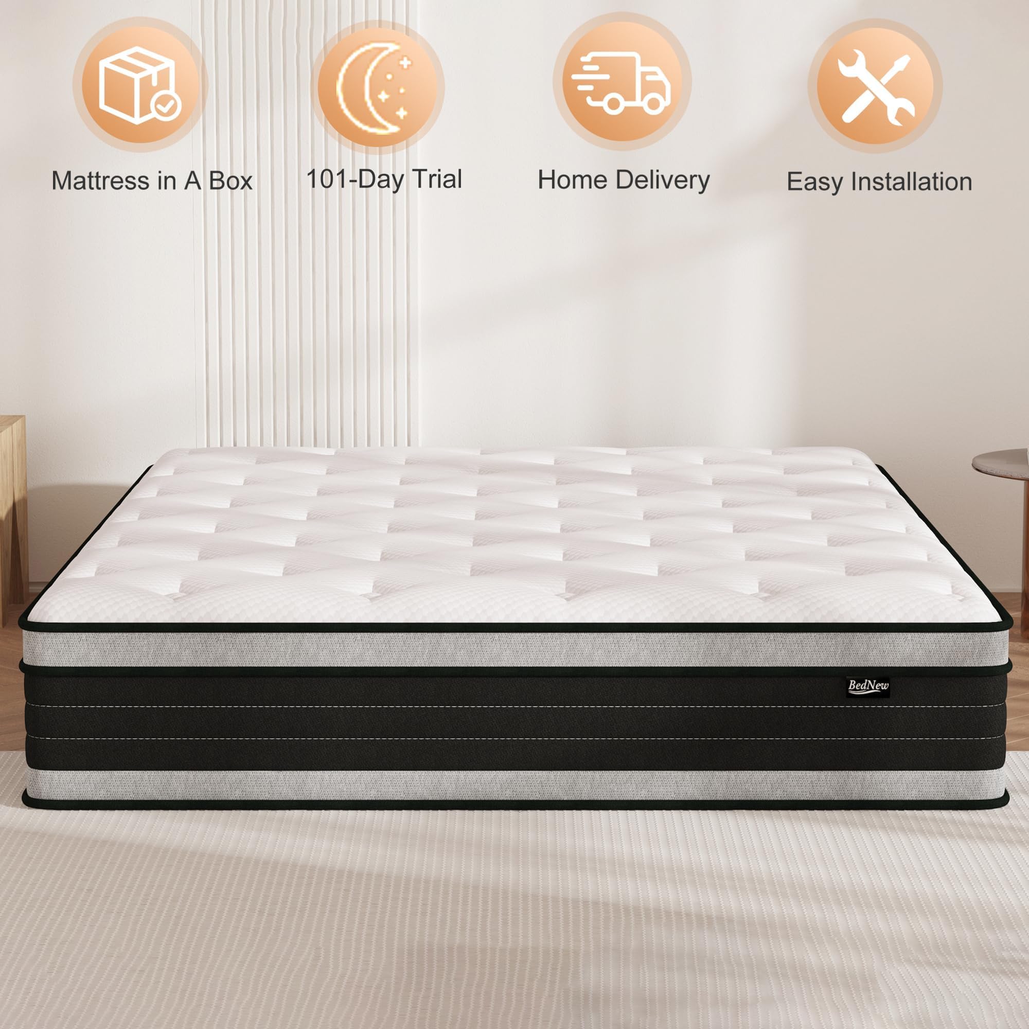 Bednew Double Mattresses 34cm, 13.4 Inch Innerspring Hybrid Mattress Double 4FT6 with Breathable Foam and Pocket Spring For Cool Comfort Sleep, Medium Firm Mattress(135x190x34cm)