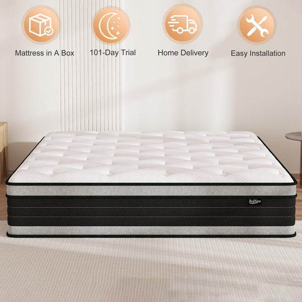 Bednew Double Mattresses 34cm, 13.4 Inch Innerspring Hybrid Mattress Double 4FT6 with Breathable Foam and Pocket Spring For Cool Comfort Sleep, Medium Firm Mattress(135x190x34cm)