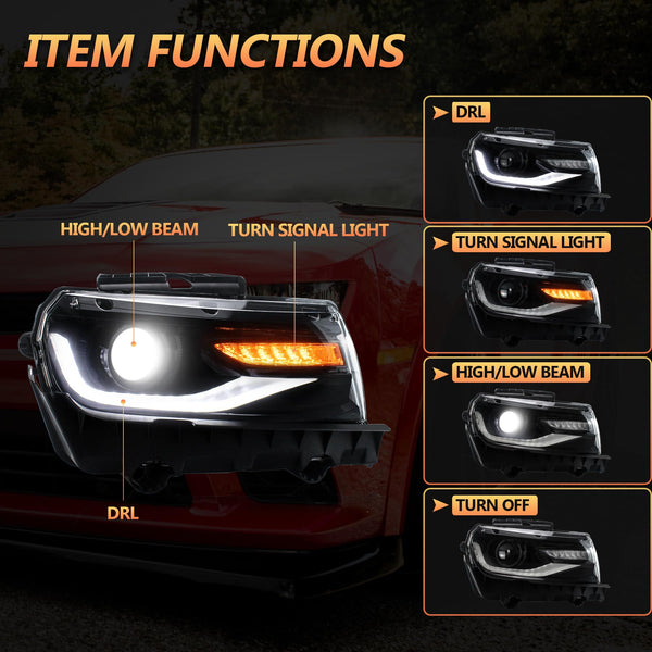 VLAND Motor Headlights compatible with 5th Gen Camaro LS, LT, SS, ZL1, Z/28 2014 2015, w/Sequential Turn signal, Driver & Passenger Side, not include bulbs