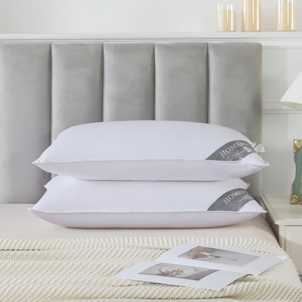HOMEFOUCS Luxury Feather and Down Pillows, pack of 2 100% Cotton Shell, Soft Hotel Quality Pillows (30% Down)