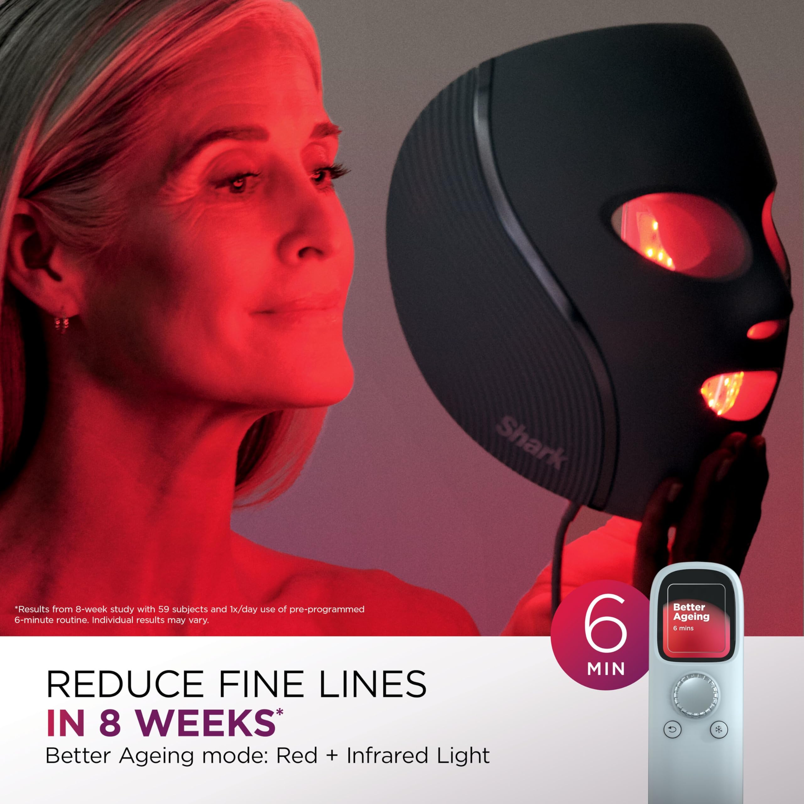 Shark CryoGlow LED Face Mask with Under-Eye Cooling, Anti-Ageing & Blemish Repair, Red & Blue LED, Infrared Light Therapy, USB-C, Remote Control, Storage Bag, Adjustable Straps