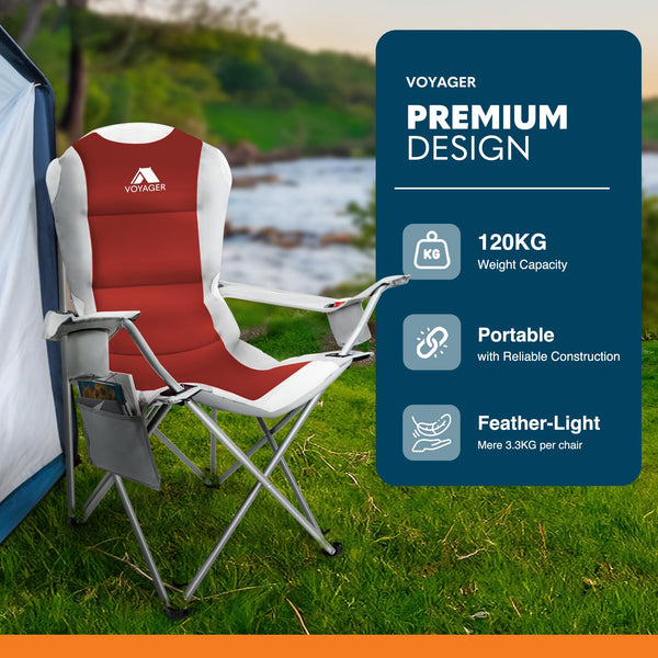 Voyager Folding Camping Chairs 2 Pack with Cooler Bag, Lightweight Q195 Steel Frame, 600D Oxford Fabric, Portable & Comfortable - Black (Black, Padded)