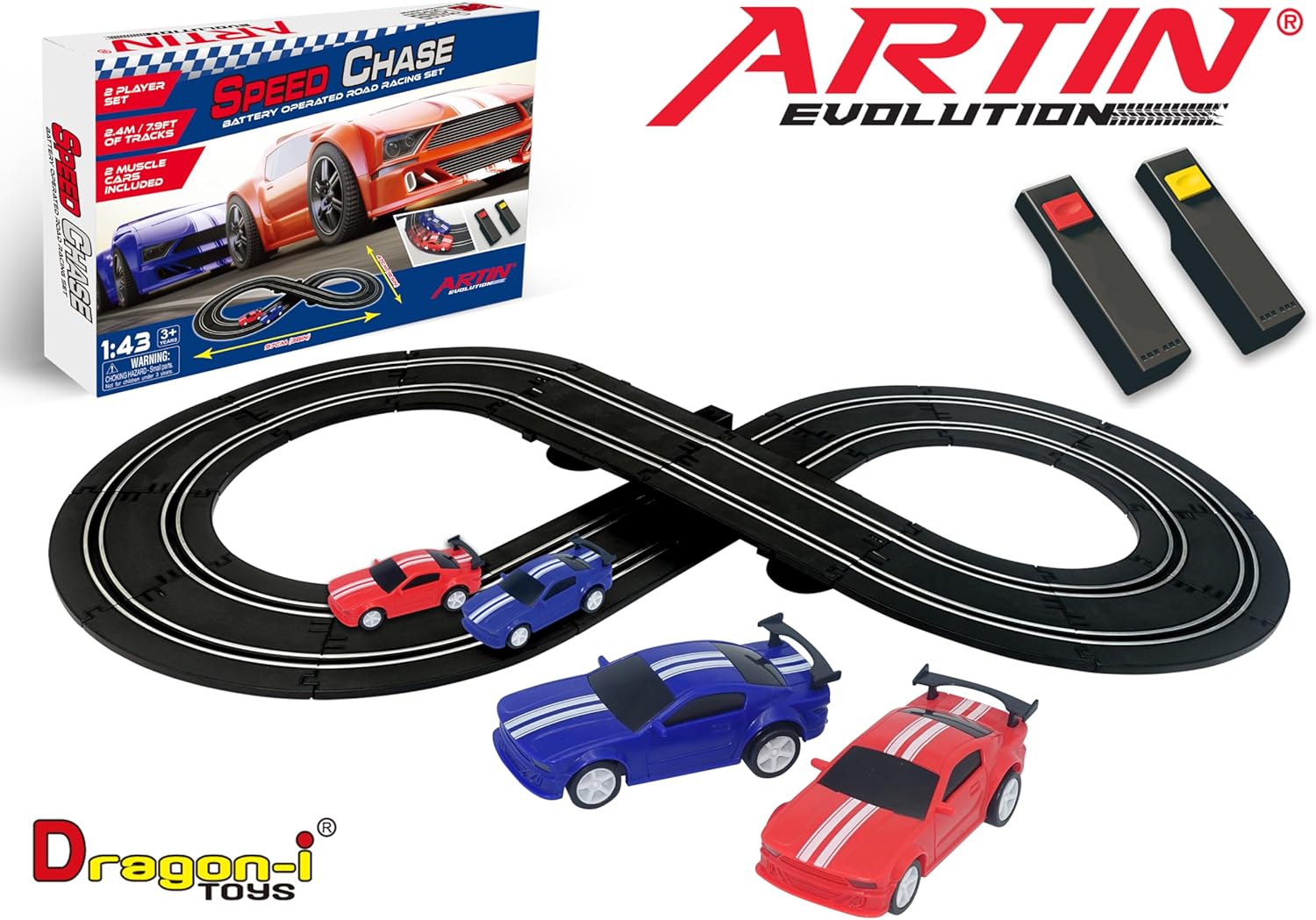 BANDAI Artin Speed Chase Slot Car Racing Set | 2.4m 2 Player Electric Race Car Track With 2 Muscle Cars And Speed Controls | Adults And Kids Electric Car Racing Toys Make Great Remote Control Gifts