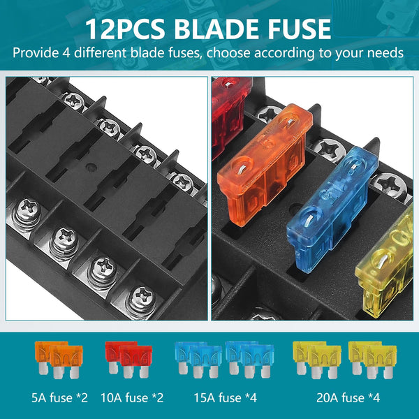 Chelhead 6 Way Boat Fuse Block with LED Indicator 6 Circuit Blade Fuse Blocks 12 Volt Automotive Waterproof with Negative Bus Suitable for 12V/24V Car RV Trailer Truck