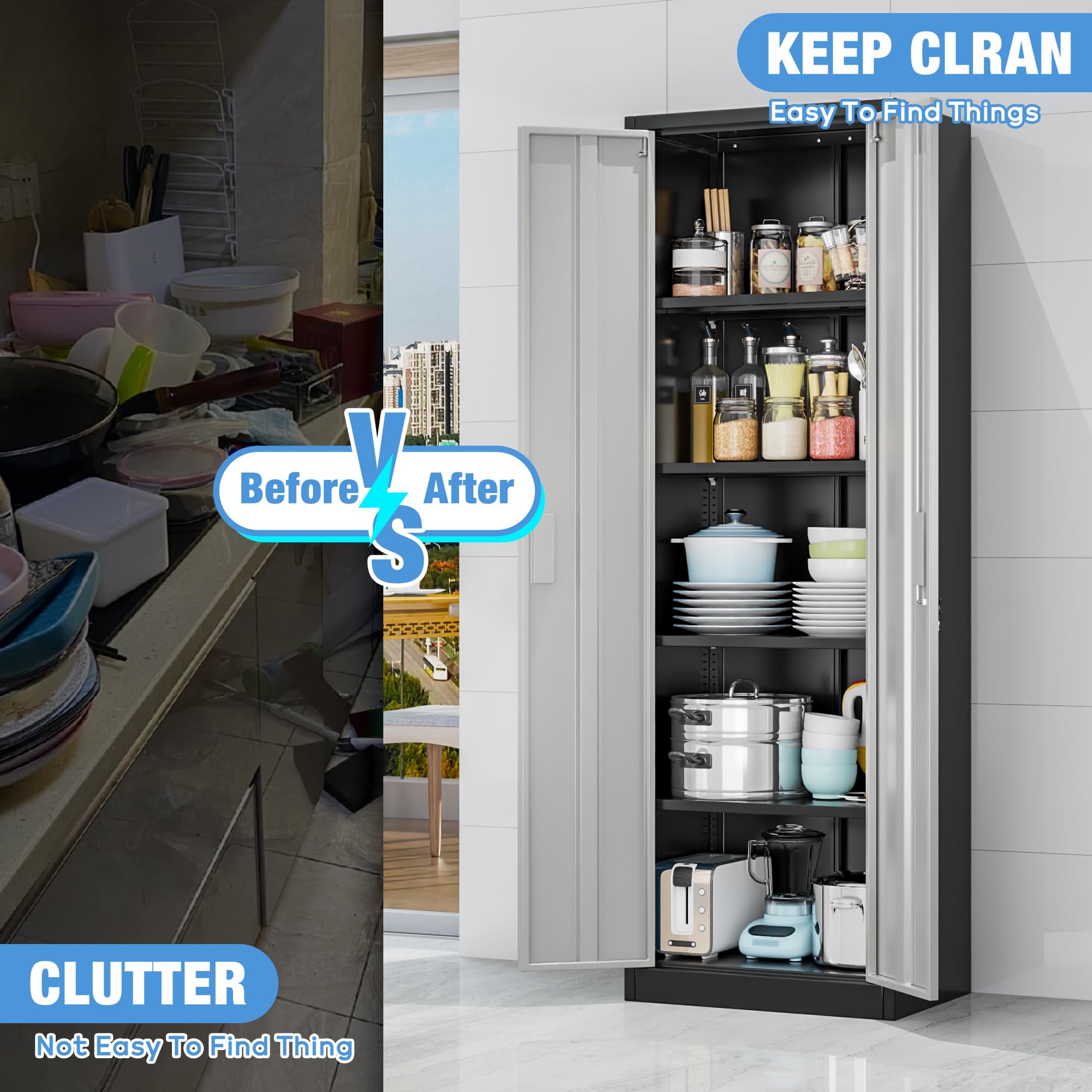 Metal Storage Cabinet with 2 Door and 3 Adjustable Shelves,140X80x40CM Steel Cabinet for Warehouse,Garage,Home,Office,Easy Assemble Required(Black/White)