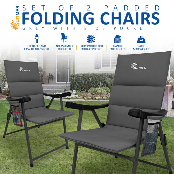 SUNMER Padded Garden Camping Chairs Foldable with Side Pocket, Holds up to 120kg, Lightweight 4kg per Chair, Outdoor Seat for Camping, Fishing, Relaxing - Black