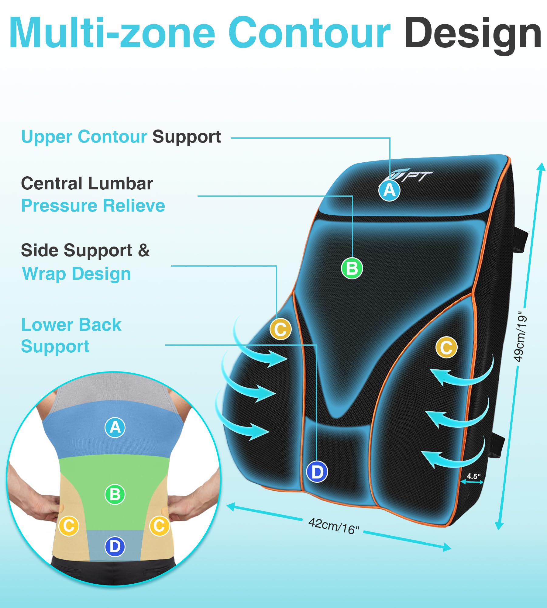 POOTACK Lumbar Support Cushion, Memory Foam Back Support Cushion Lumbar Support for Office Chair, Car Seat, Recliner, with Extension Strap and Mesh Cover