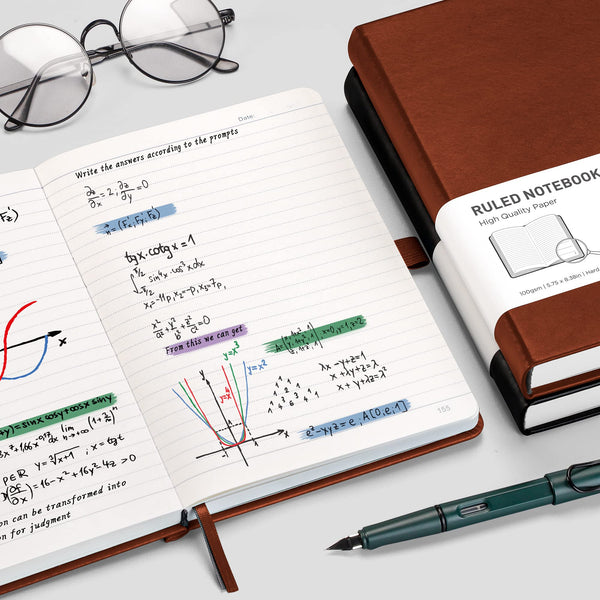 RETTACY Lined Journal Notebook - A5 Note Book Hardcover Thick Notepad 320 Numbered Pages for Writing,100gsm Lined Paper, Leather Hardcover, for Women Men Work Office School,14.5 x 21cm - Black