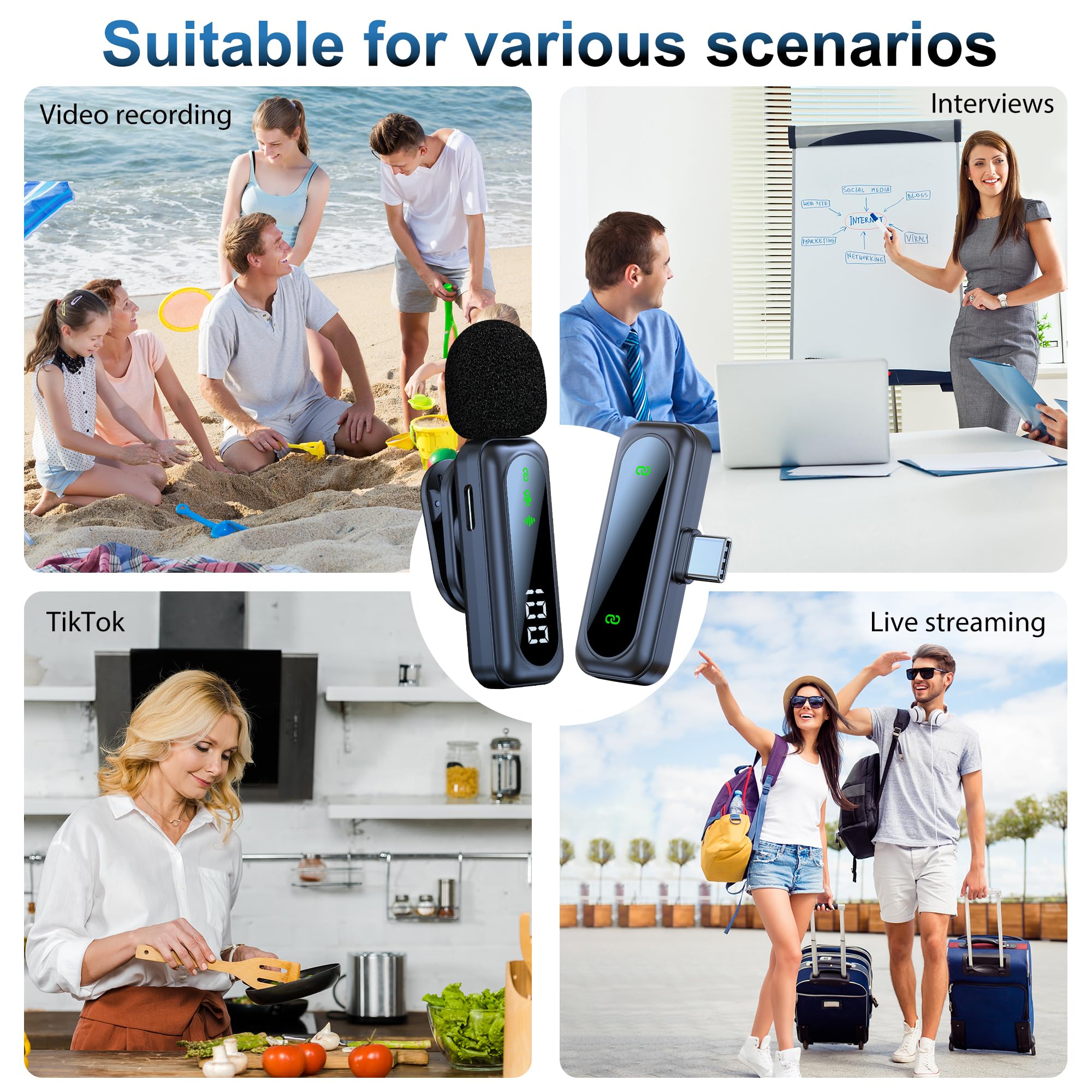 dralud 2 Pack Wireless Lavalier Microphone with Magnetic Clip, Microphone for iPhone Android Phone with USB-C, Mini Mic with Noise Cancellation for Video Recording TikTok YouTube