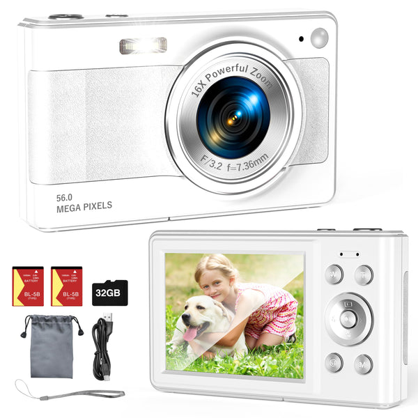 Upgrade Digital Camera, 56MP FHD 1080P 16X Kids Digital Zoom Camera, 32GB TF Card, Portable Mini Camera with 2 Batteries, Lanyard, Compact Small Camera for Kids Boys Girls（Black）