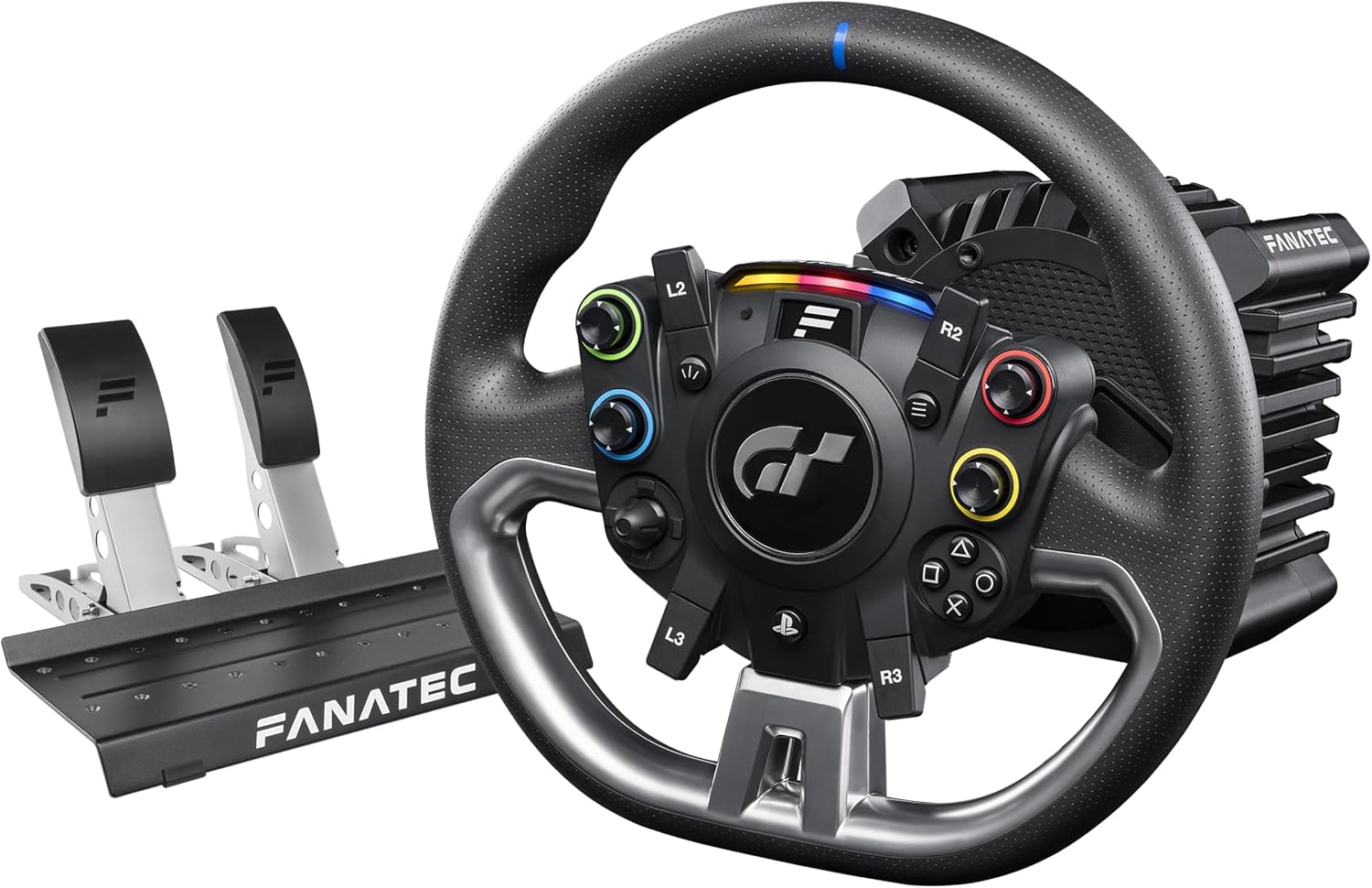 Fanatec Officially Licensed Gran Turismo DD Pro PlayStation® Sim Racing Steering Wheel, Base and Pedals – Polyphony Digital Wheel, 5 Nm FluxBarrier Direct Drive, 2-Pedal Set for PC, PS5, PS4