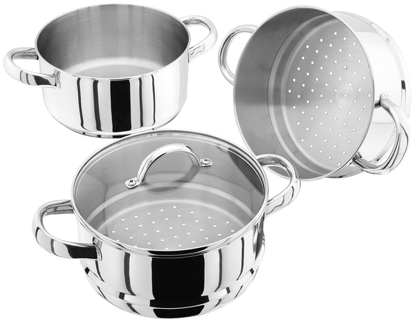 Judge Stainless Steel 3 Tier Steamer Set with 20cm 1.6L Casserole, 2 Steamers and Lid, Induction Ready, Gift Boxed - 25 Year Guarantee