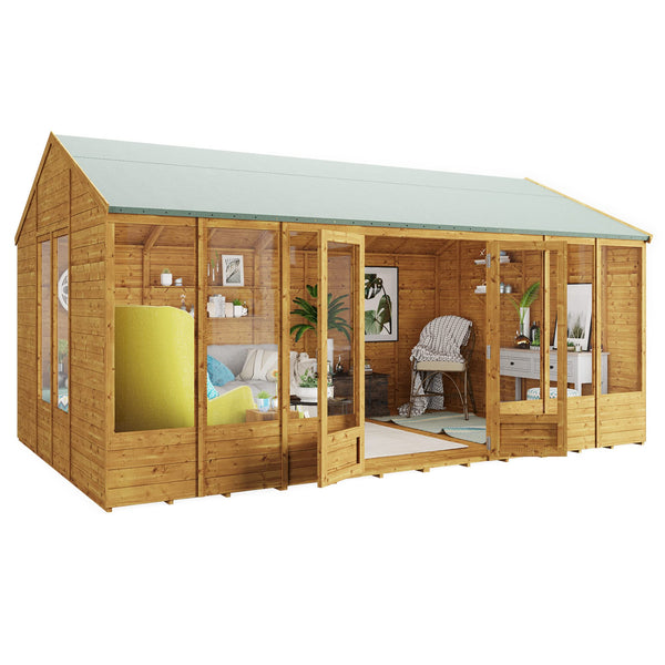 BillyOh Petra 12x10 Reverse Apex Summer House Shed, Log Cabin | Wooden Garden Room with Wide Double Doors, Tear Resistant Felt, Tongue and Groove Construction | Versatile Tiny Home or Garden Office