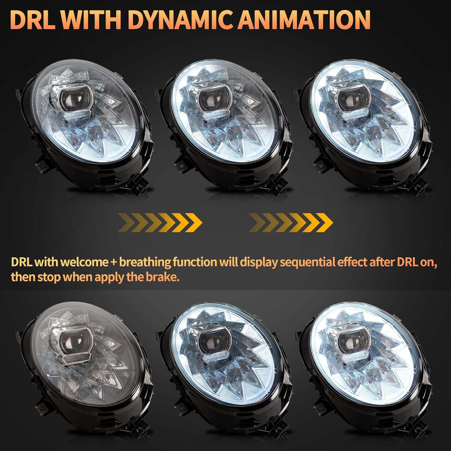 VLAND Full LED Headlight Compatible with Mini Clubman F54 & F55 F56 Hatch F57 convertible halogen 2014-2020, w/sequential indicator, Driver & Passenger Side, RHD