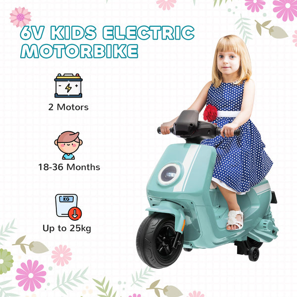 AIYAPLAY 6V Kids Electric Motorbike, Ride on Motorbike with Headlight, Music, Forward Reverse, Training Wheels, for Ages 18-36 Months, Green