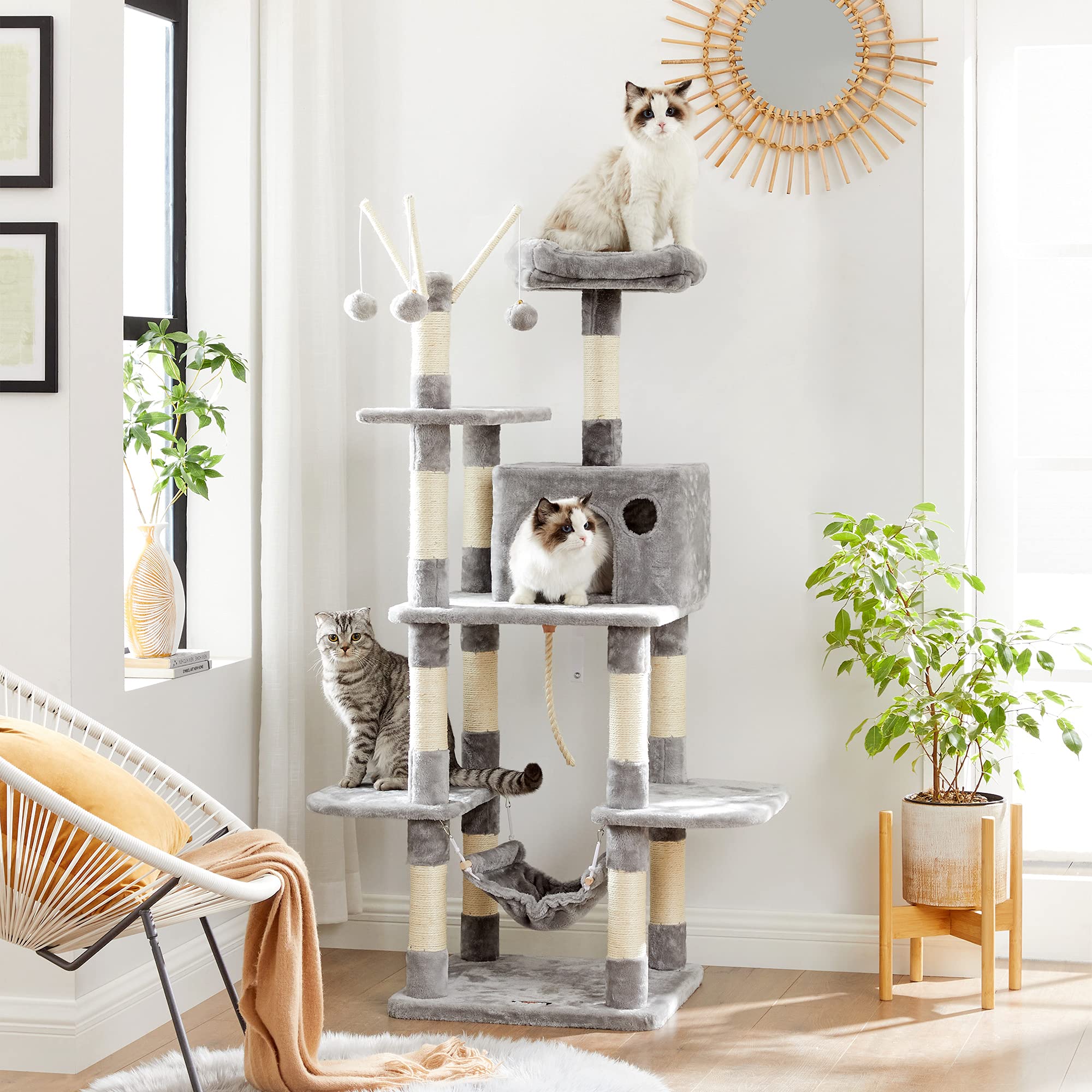FEANDREA Cat Tree, Cat Condo with Hammock, Perch, Cat Tower, Light Grey PCT86W