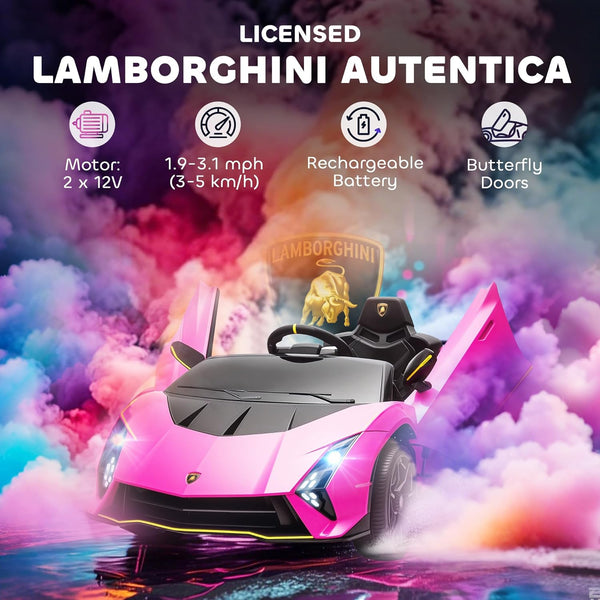 AIYAPLAY 12V Lamborghini Autentica Licensed Kids Electric Car with Butterfly Doors, Ride on Car with Remote Control, 4 Suspension Wheels, Soft Start, LED Lights, Music, Horn, Grey