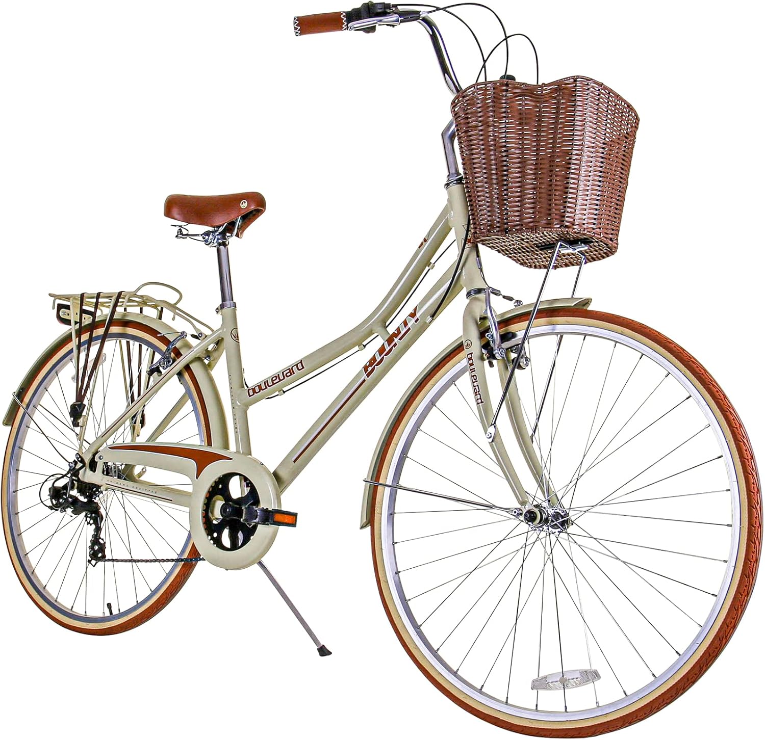 Bounty Boulevard Hybrid Bike - Classic Step-Through Frame with 6 Speed Shimano Gears, Sprung Saddle, Pannier Rack, and Front Basket - Formal Road Bike