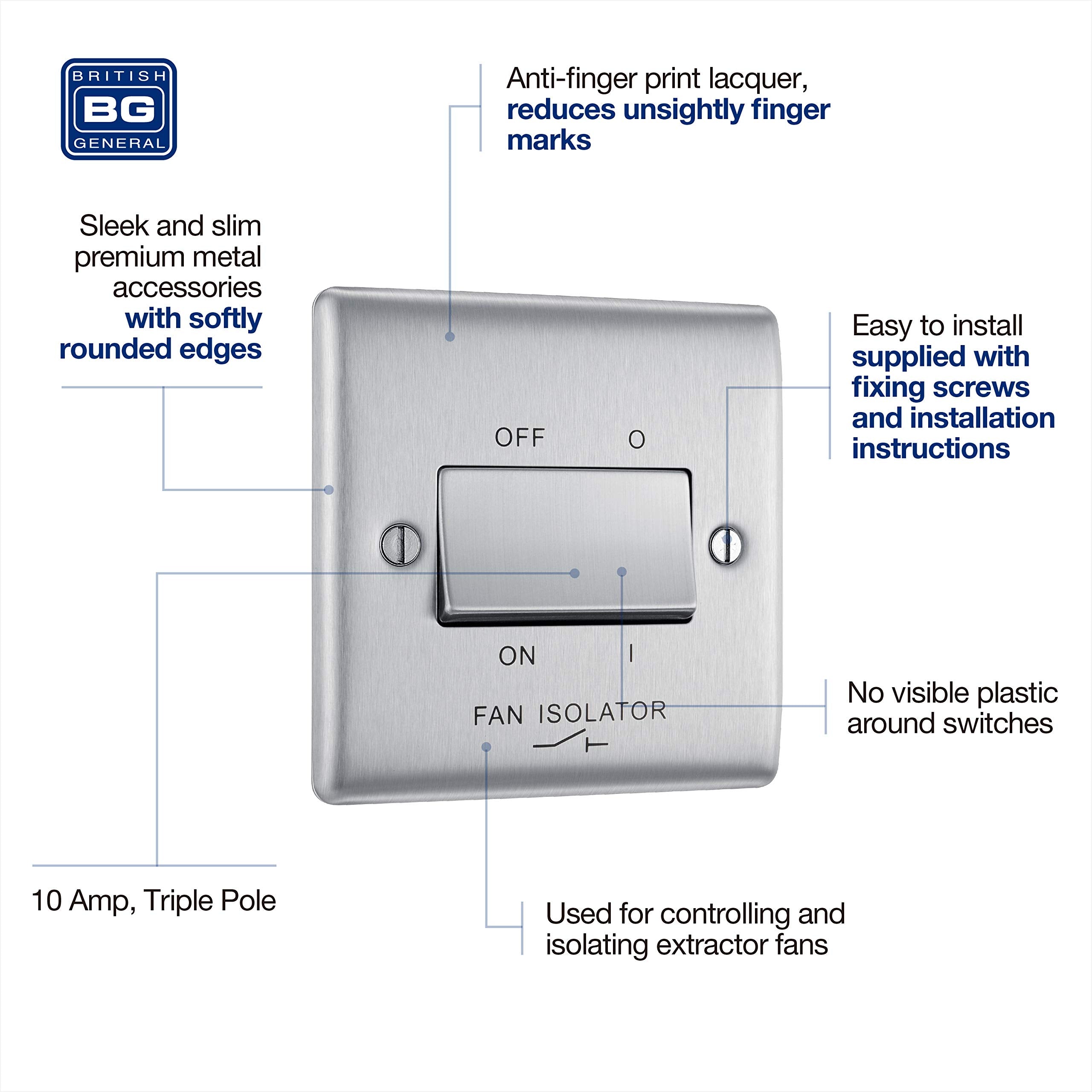 BG Electrical Cooker Switch with Socket and LED, Cooker Control Unit, Control Socket, Double Pole, Raised Profile, Round Edges, Nexus Metal, Brushed Steel, Grey Inserts, 45A, NBS70G