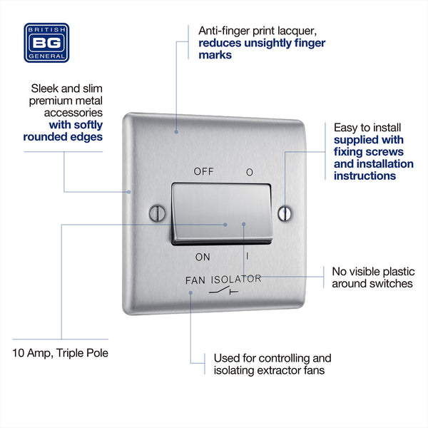 BG Electrical Cooker Switch with Socket and LED, Cooker Control Unit, Control Socket, Double Pole, Raised Profile, Round Edges, Nexus Metal, Brushed Steel, Grey Inserts, 45A, NBS70G
