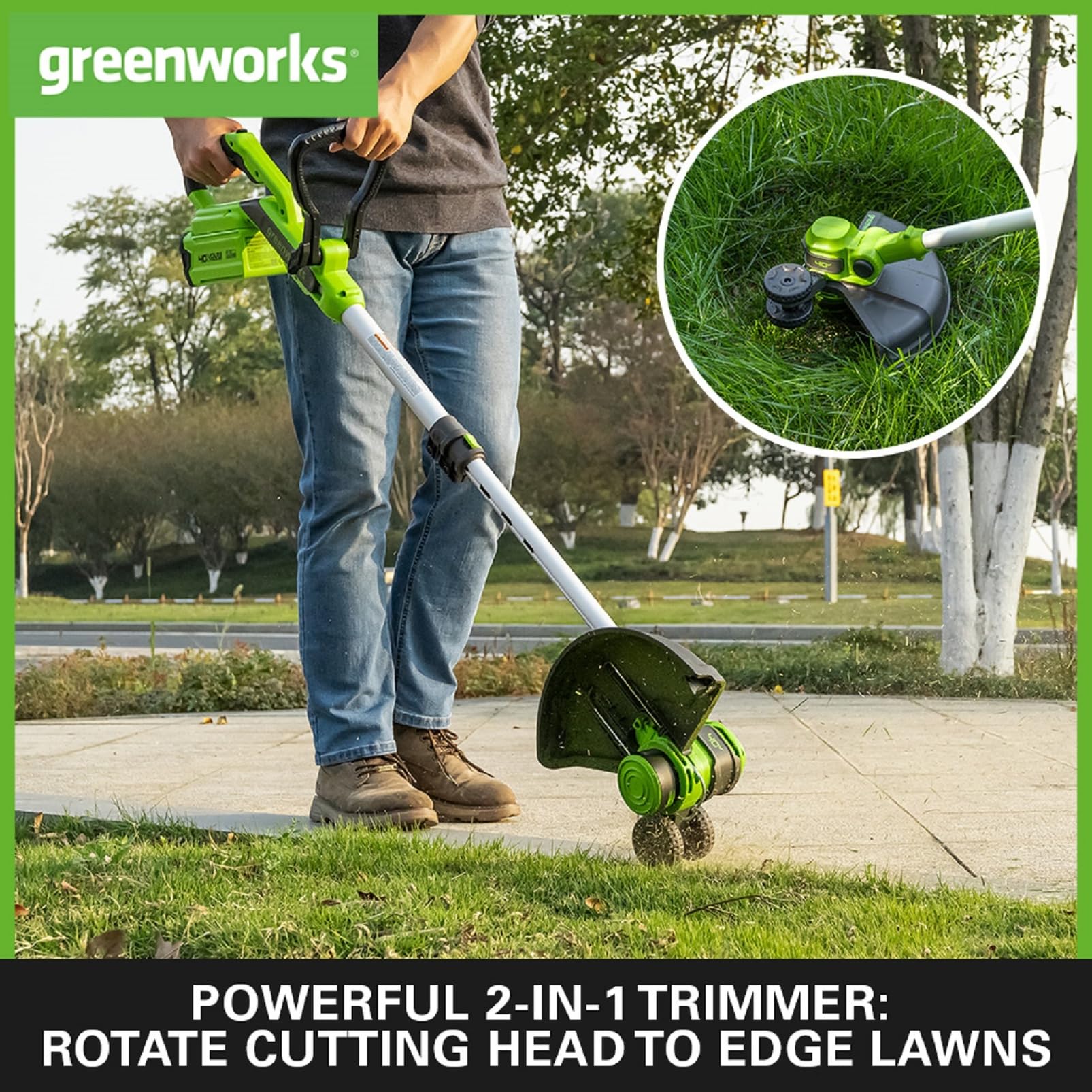 Greenworks 40V Cordless Strimmer Lawn Edger With Wheel For Small To Medium Gardens, 33cm Cutting Width, Autofeed 1.65mm Nylon Line, WITHOUT 40V