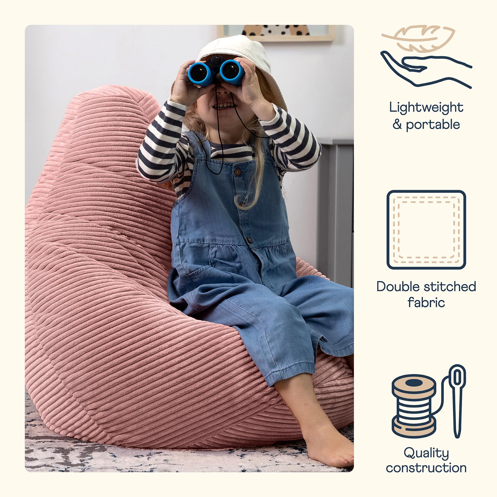 icon Dalton Kids Bean Bag, Dusk Pink, Cord Kids Bean Bag Chair with Filling Included for Girls and Boys, Childrens Chair, Beanbags for Children,