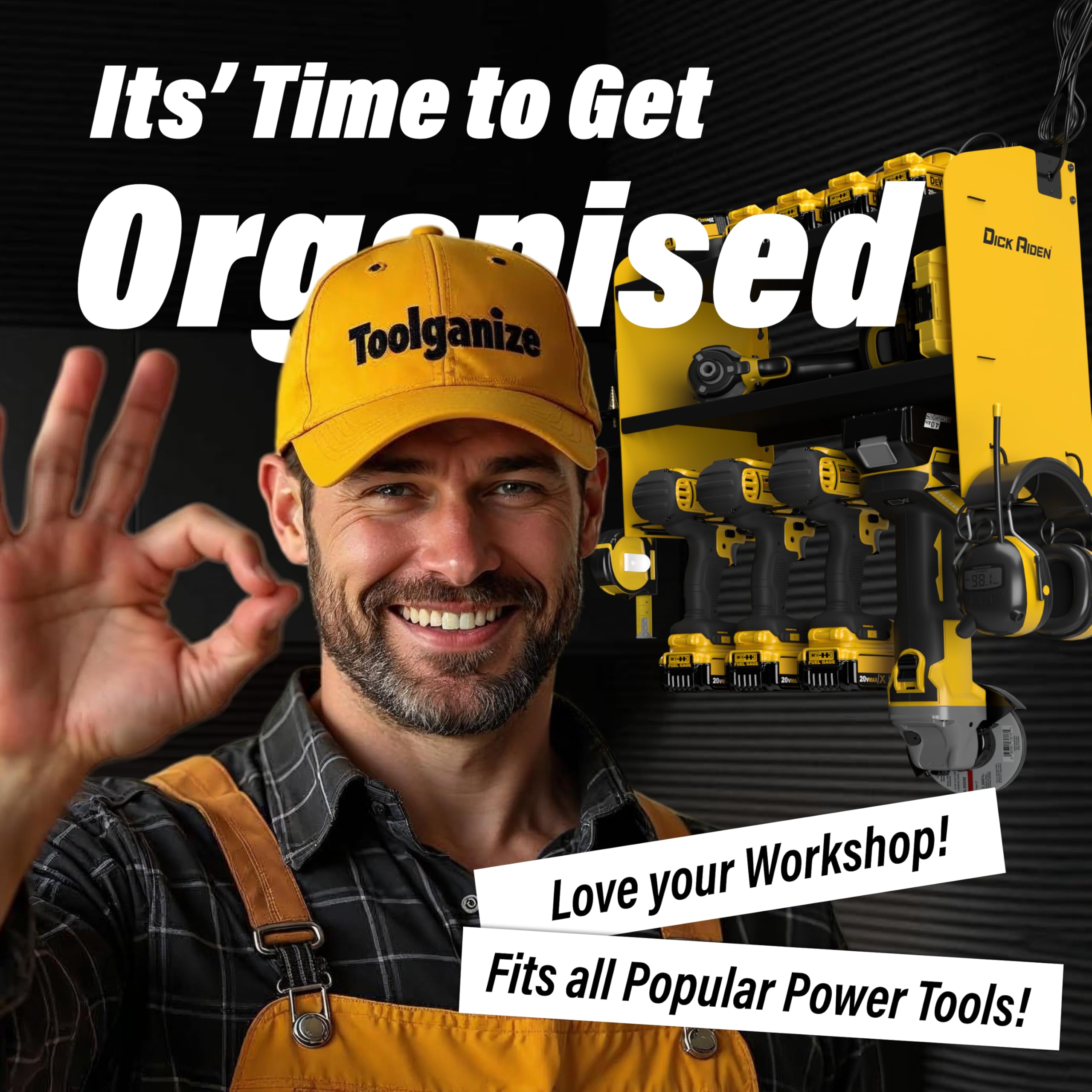 Toolganize Power Tool Organiser, Storage Rack with Power Strip Charging Station, Heavy-Duty for Workshop & Garage Tools - 4 Slot, Milwaukee Red.