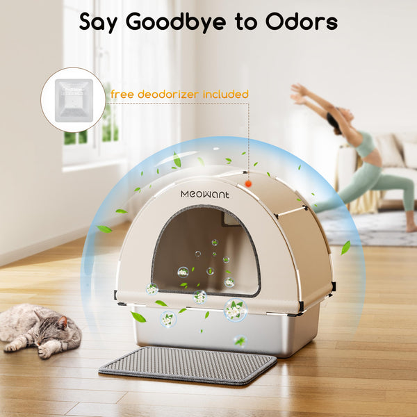 MeoWant Cat Litter Box Stainless Steel, Enclosed Litter Pan for Big Cat with Cloth Cover Canopy, Never Absorbs Odor, Non Stick Surface, XXL Extra Large Litter Tray, Detachable, Easy Clean, White