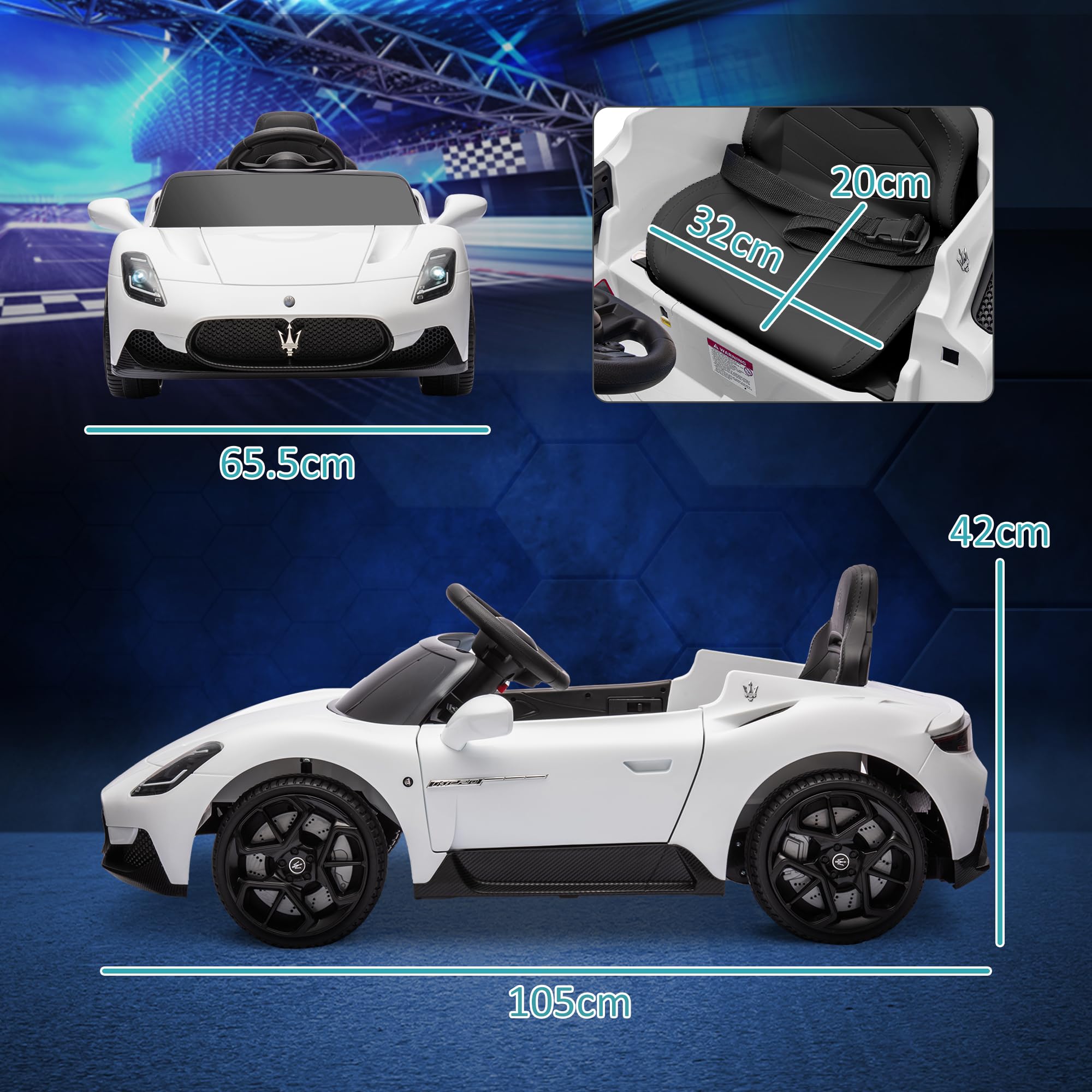 Maserati MC20 Licensed 12V Kids Electric Car with Slow Start, Remote Control, Music, LED Lights, Horn, Spring Suspension, for 3-6 Years, White