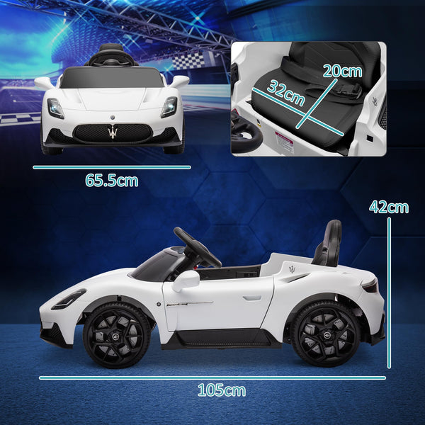 Maserati MC20 Licensed 12V Kids Electric Car with Slow Start, Remote Control, Music, LED Lights, Horn, Spring Suspension, for 3-6 Years, White