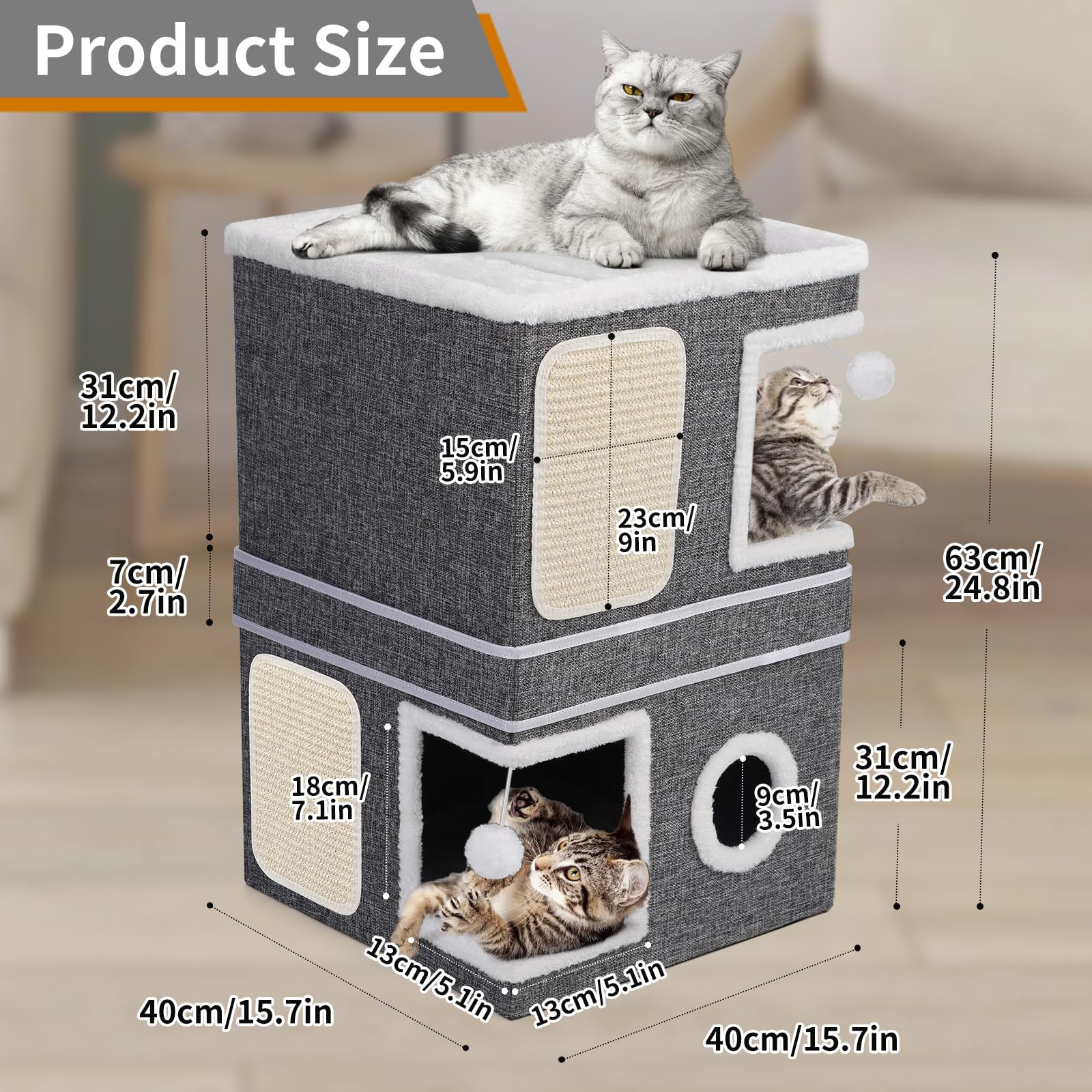 3-Storey Cat House for Indoor Cat, Separate Into 2 Large Cat Bed Cave with Hideaway Condos, Scratch Pads, Hanging Balls, Foldable Indoor Cat House
