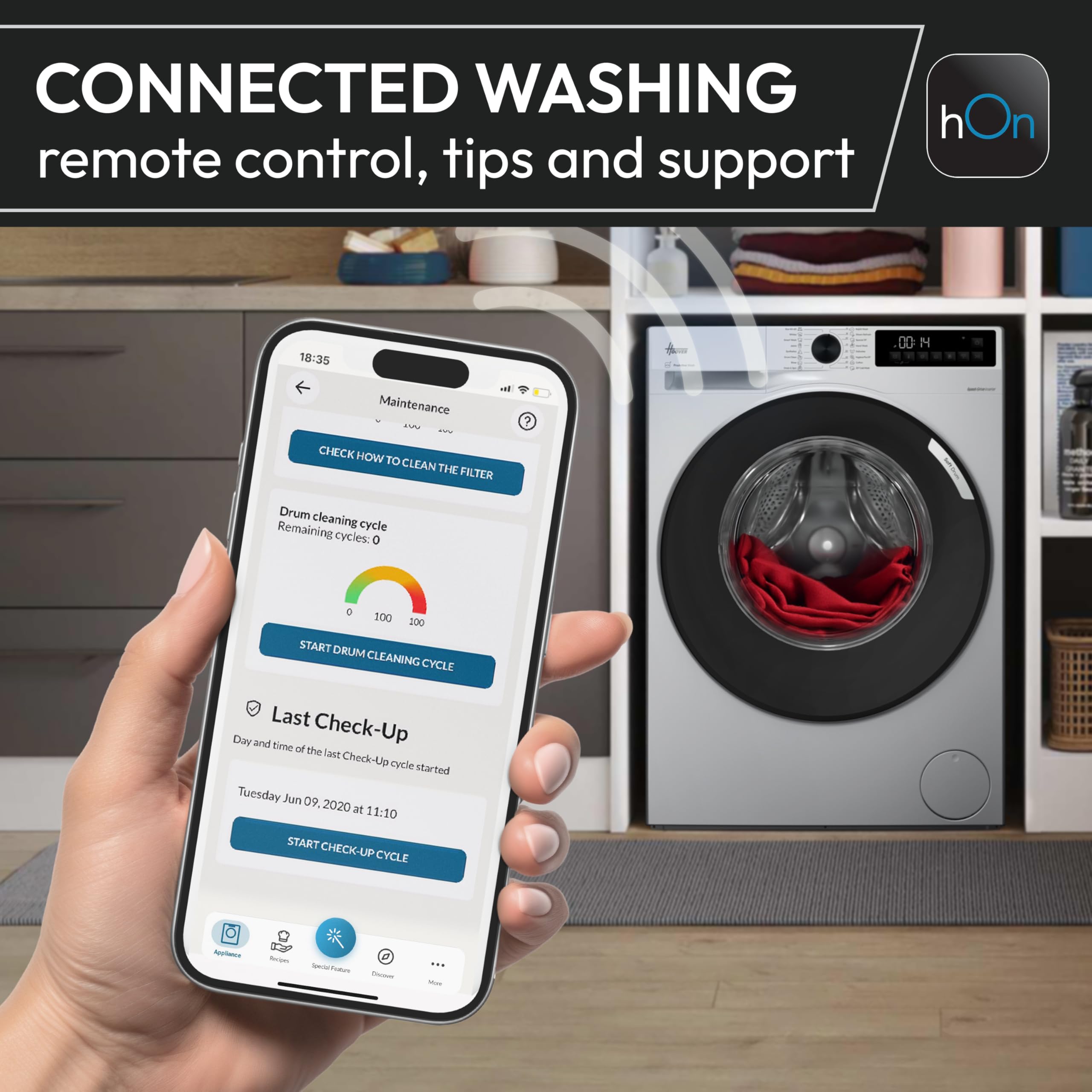 Hoover H-WASH 500 10kg Freestanding Washing Machine, 1400 RPM, A Rated, ECO‑Power Inverter Motor, hOn App, 60 Programmes, Care Dose, Power Care System, White, 60x59x85 cm ‑ HW 410AMC/1-80