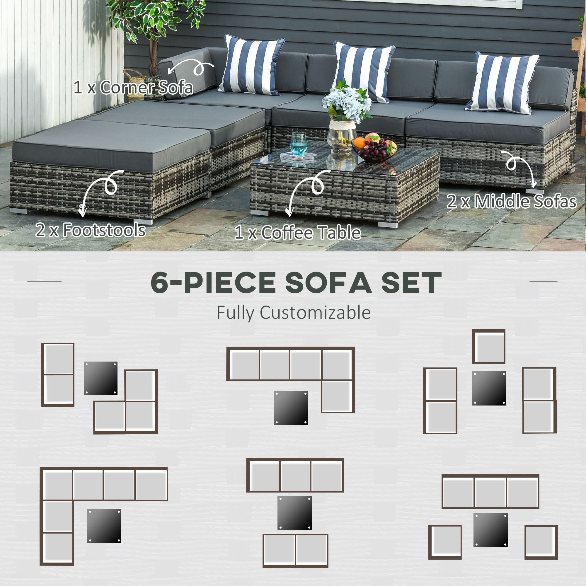 Outsunny 6 Pieces Rattan Garden Furniture Set, 5 Seater Garden Sofa Set with Thickened Cushions, Glass Top Coffee Table and Ottomans, Outdoor Sectional Conservatory Furniture with Pillows, Grey