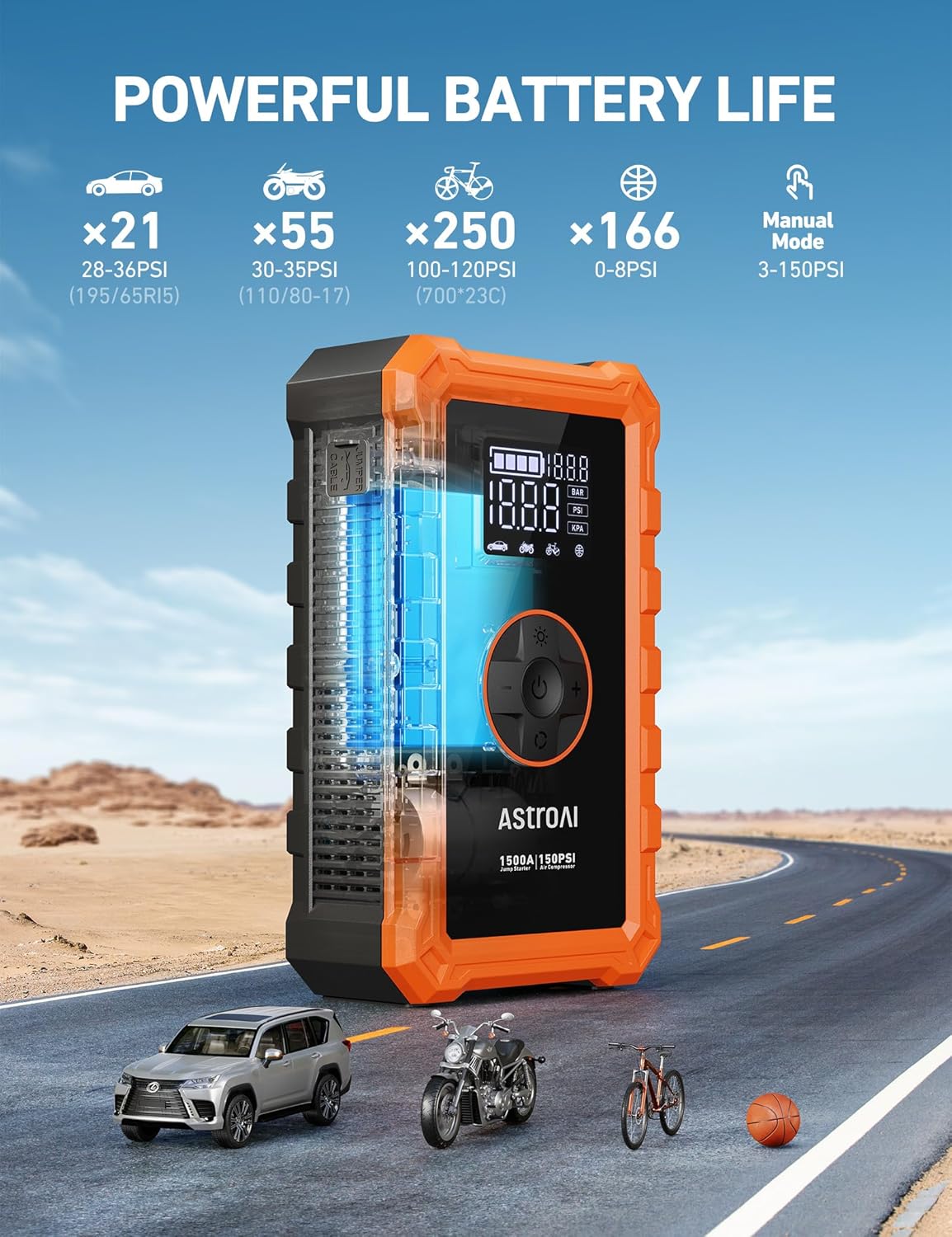 AstroAI Jump Starter Power Pack with Air Compressor, 12V Portable Car Battery Booster Jump Starter and 150PSI Tyre inflator Power Pack with Emergency Light, LED Display