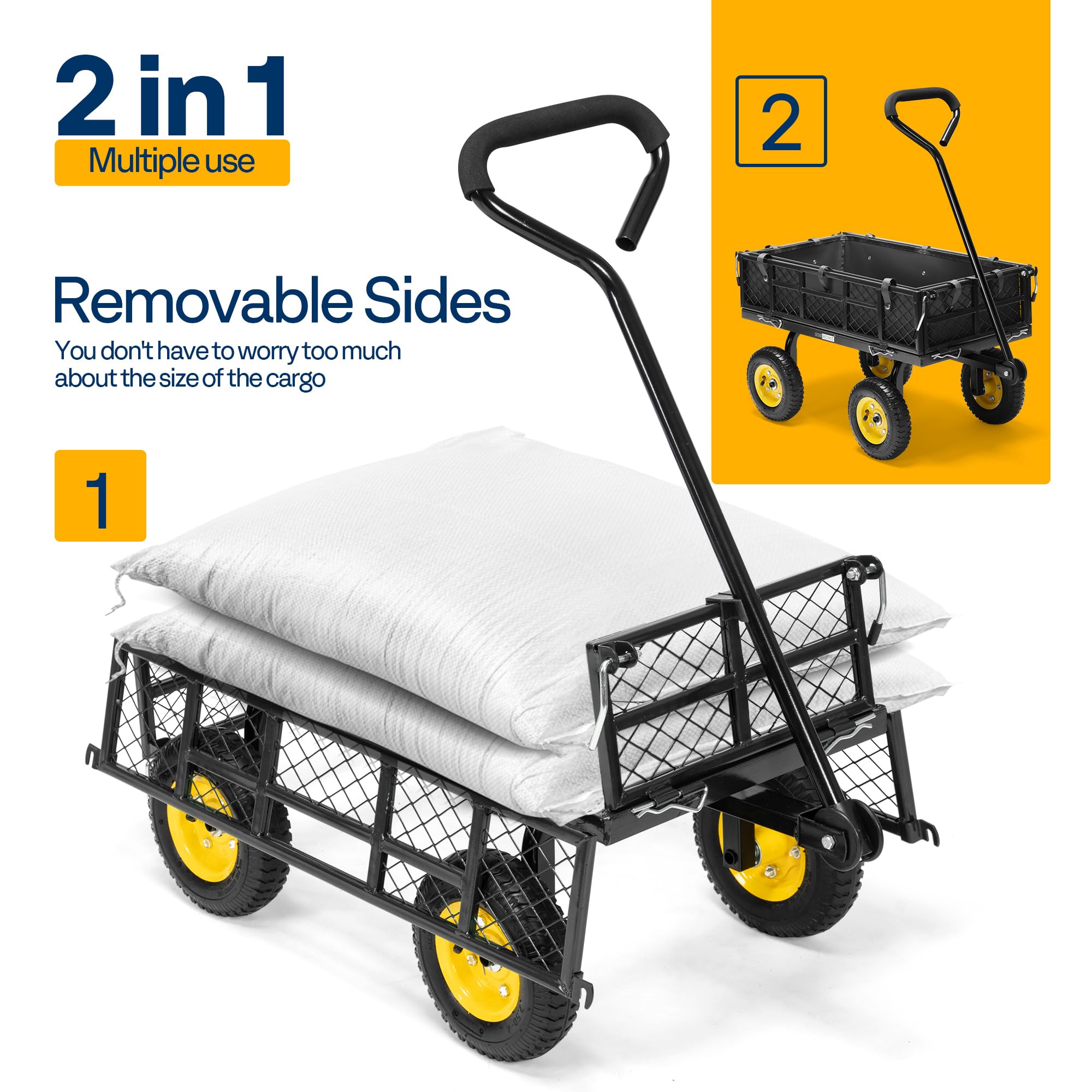 VIVOHOME Hand Trolley 400kg Capacity Durable Transport Cart with 10cm Pneumatic Tires and 180° Rotatable 80cm Handle Heavy Duty Metal Grids for Garden and Camping