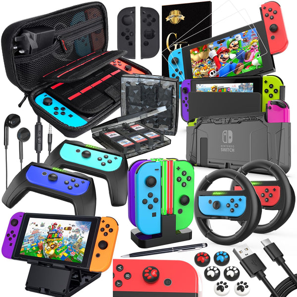 Deruitu Switch Accessories Bundle Compatible with Nintendo Switch, Kit with Carrying Case, Screen Protector, Compact Playstand, Game Case, Joystick Cap, Charging Dock,Steering Wheel