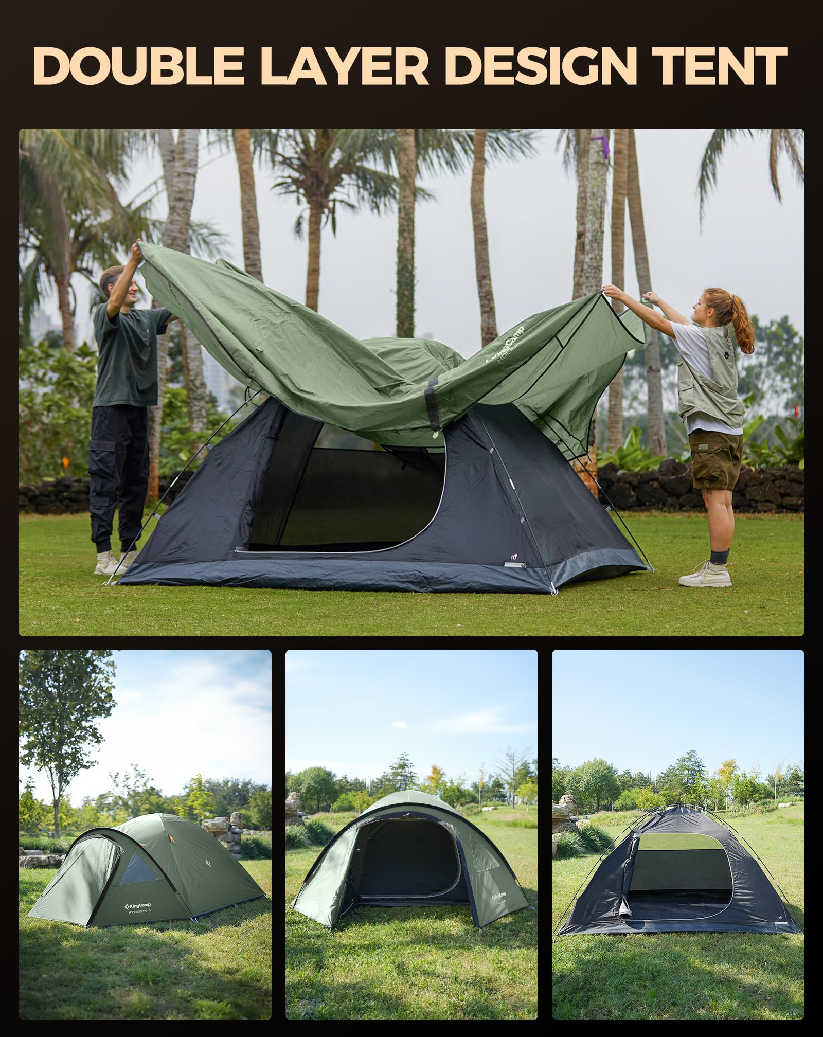 KingCamp Camping Tent for 4 Man, Ultralight Waterproof Dome Tent, Compact and Backpack-Friendly, Ideal Tent for Camping, Trekking and Outdoors