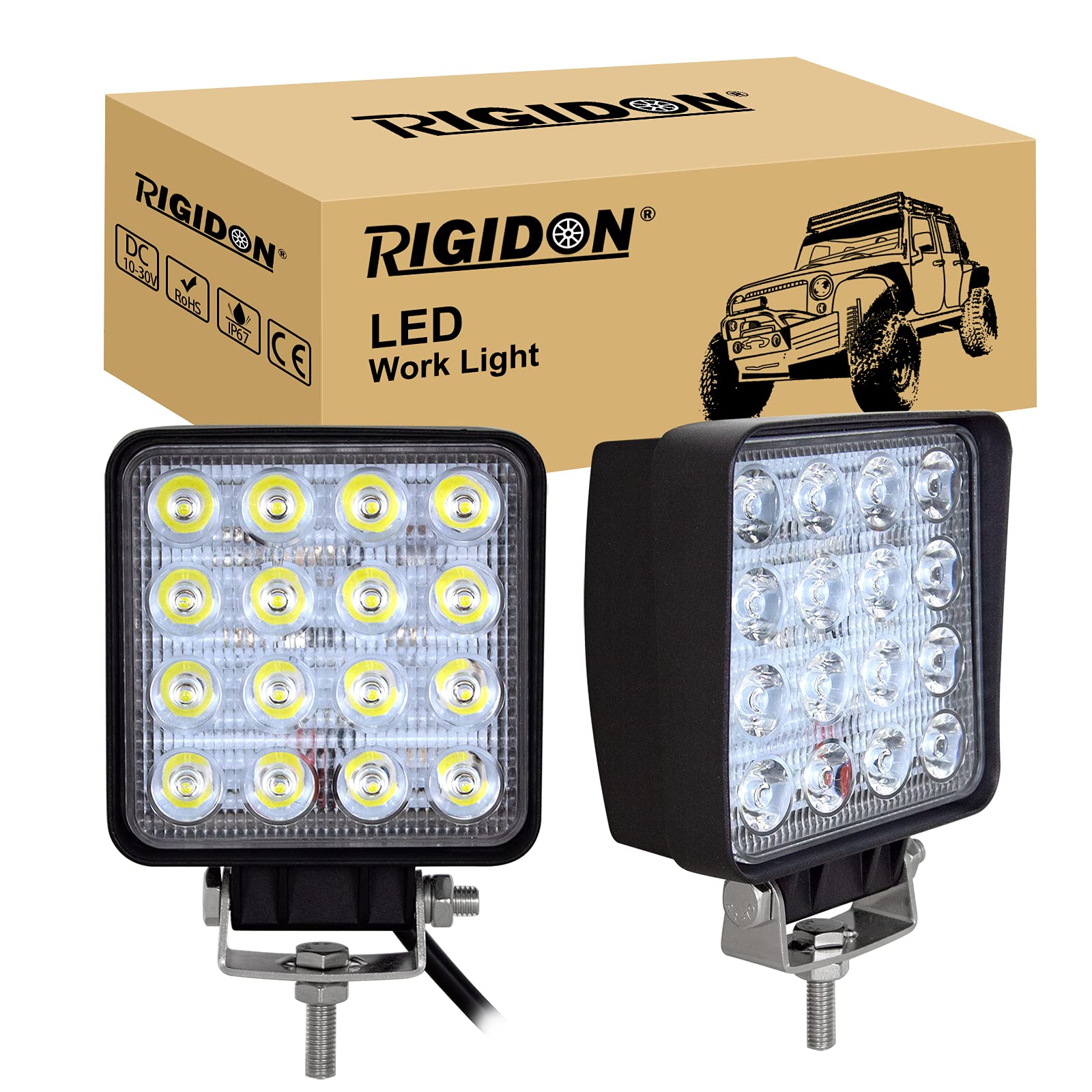 RIGIDON 2 Pcs Square Led Work Light, 4 inch 48W Spot Beam, 12V 24V Driving Lights Lamp for Car Off road Boat Truck 4x4 SUV ATV Tractors Excavator, 6000K White, Fog Lamp