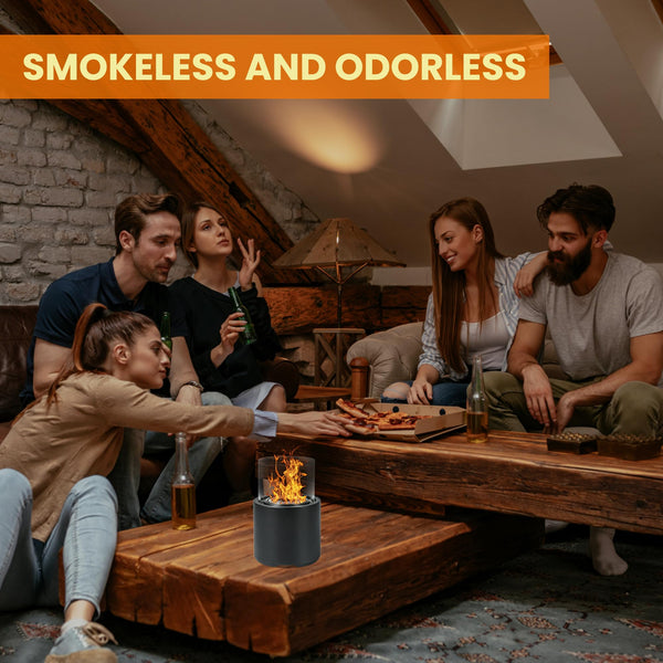 VOSSMOON Tabletop Fire Pit, Bioethanol Table Top Fire Bowl, Portable Round Fireplace indoor or Outdoor, Concrete Table Top Patio Heater Ethanol Burner with Tempered Glass for Potluck or Camping, Black