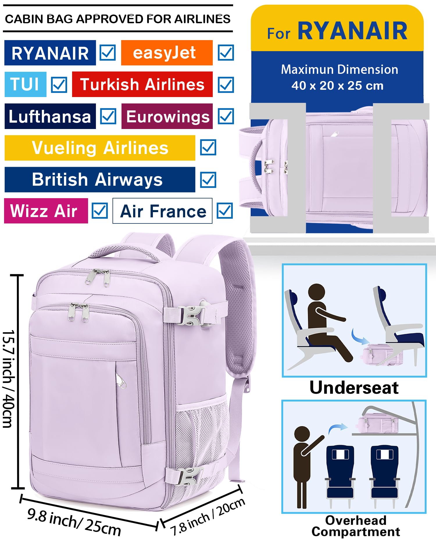 KLOSTAIN for Easyjet Cabin Bag 45x36x20 Travel Backpack Hand Luggage Carry-ons Bag Laptop Backpack Ruscksack for Airplanes Flight New Easyjet Underseat Cabin Bags Fit 14" Laptop Navy