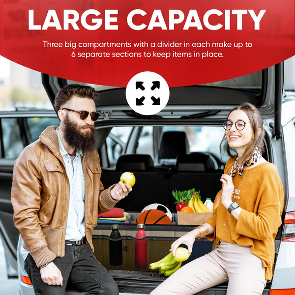 FORTEM Car Boot Organiser, Collapsible Multi Compartment SUV Organizer, Foldable Storage for Car Accessories for Women Men, 600D Oxford, Non Slip Bottom, Securing Straps, Soft Cover (50L)