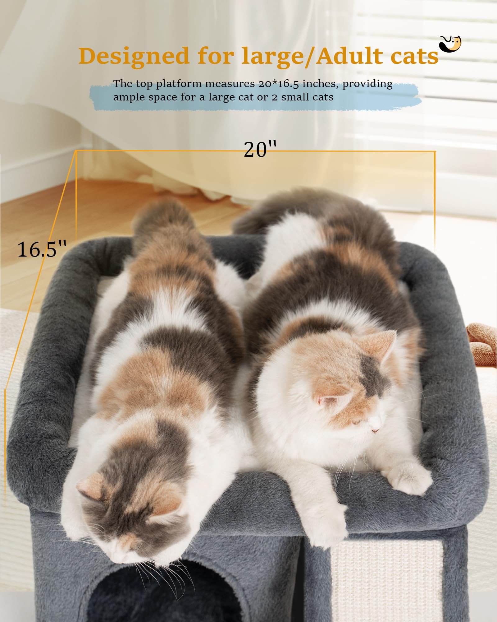 Aechonow Cat Tree Tower for Large Adult Cats, 50 * 40cm Big Perch Bed,Spacious Condo House for Indoor Kitten, Sisal Scratching Post, Dark Gray