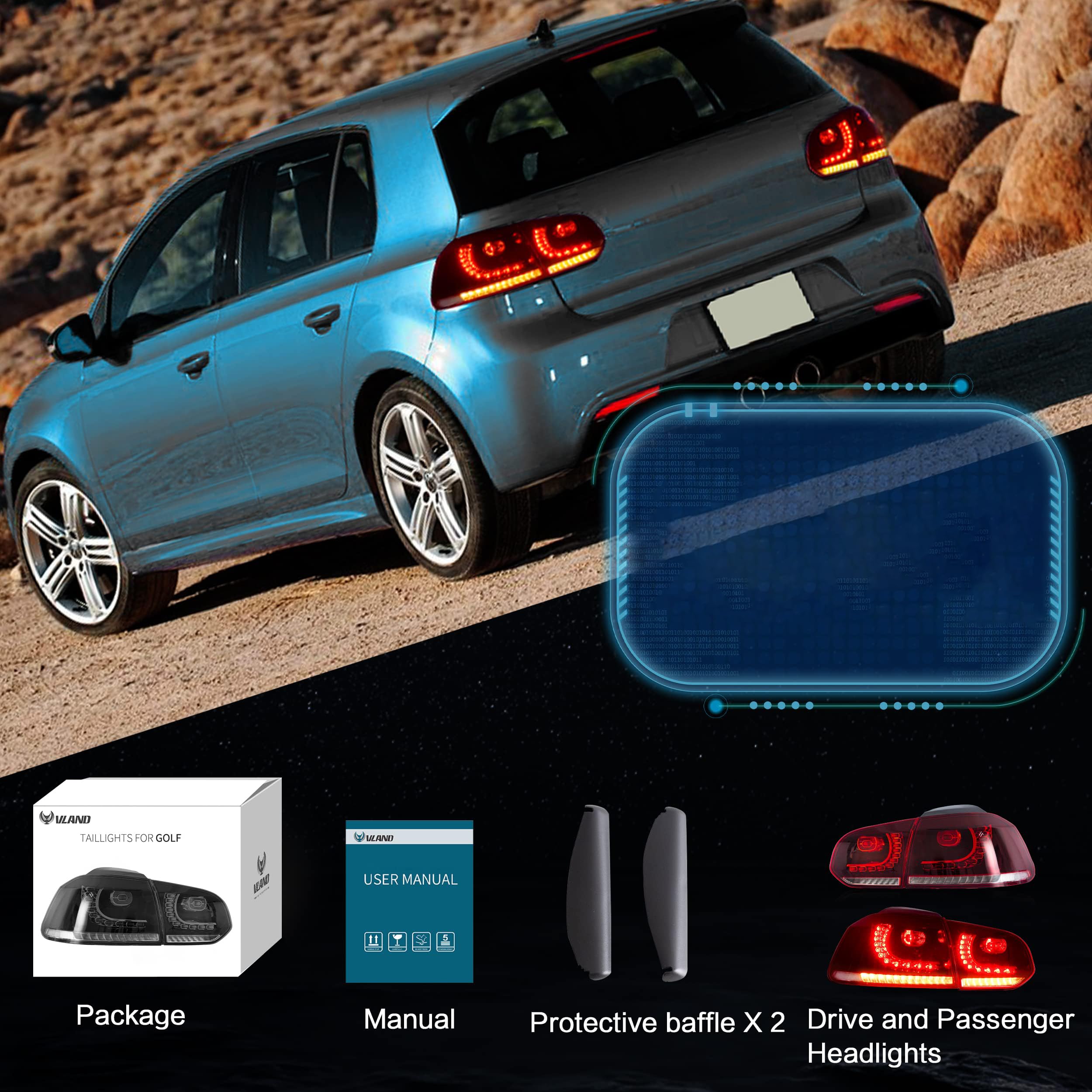 VLAND LED Tail Lights Fit for 2008-2013 Volkswagen Golf 6 MK6 TSI TDI GTD R(not for GTI/Variant/Cabriolet), Rear Lights with Sequential Turn Signal Indicators, E-mark, Red Smoked