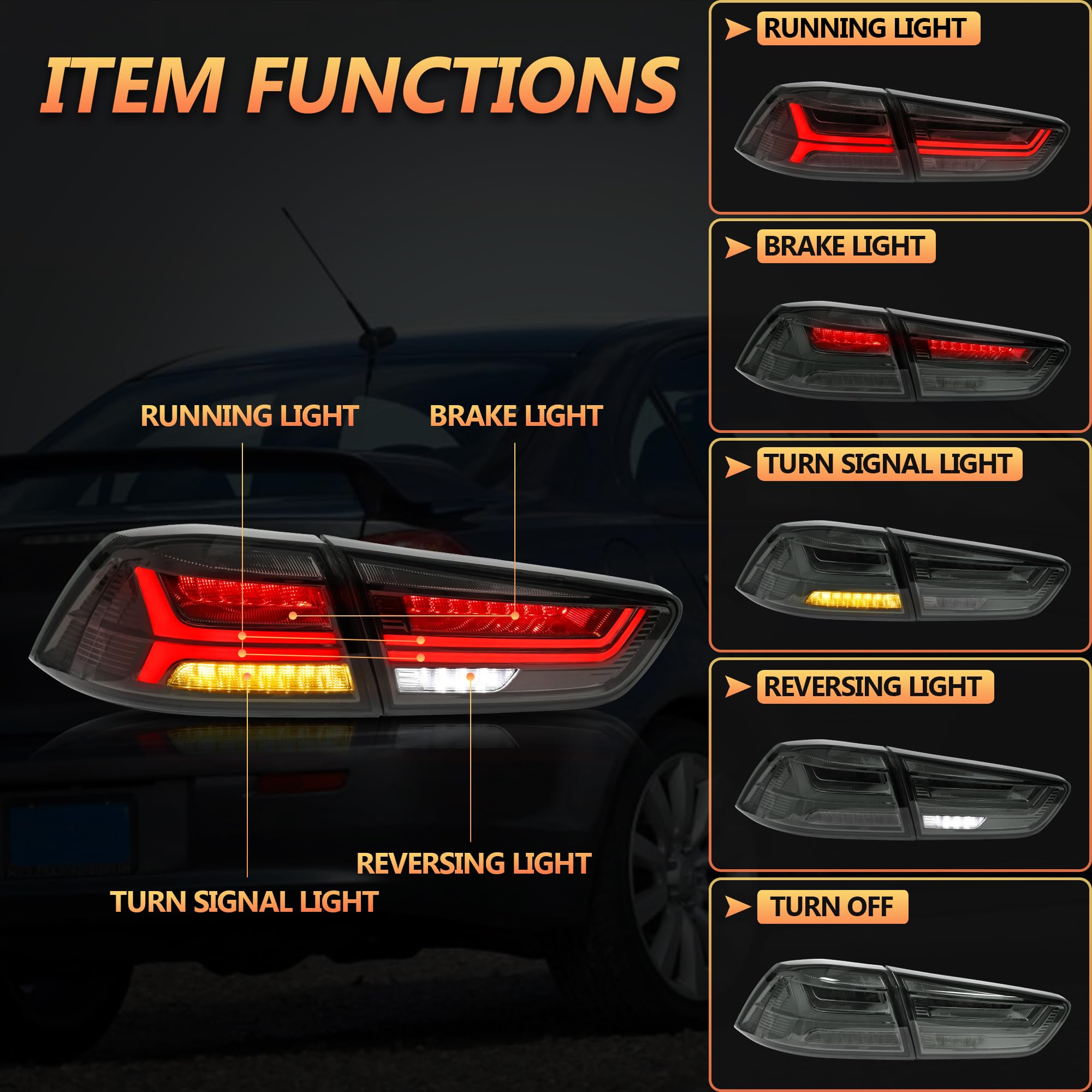LED Rear Lights compatible with Lancer & EVO X 2008-2020 (Not Fit fortis/io), w/Amber Sequential indicator, Driver & Passenger Side - Red