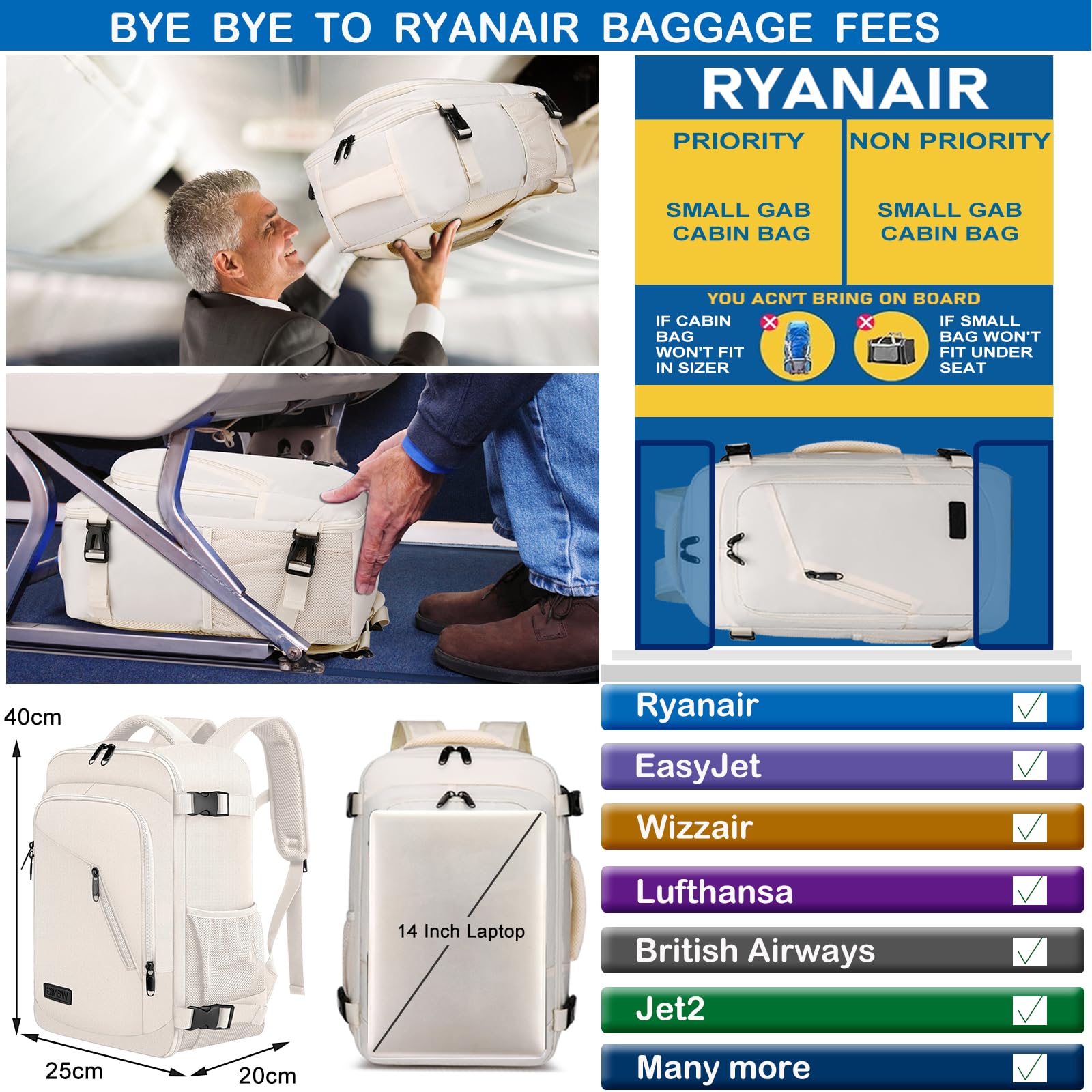 Cabin Bags 40x20x25 for Ryanair Underseat 20L Small Travel Hand Luggage Backpack Carry-ons Bag Cabin Size for Airplanes Flight Bag Travel Rucksack Fit 14 Inch Laptop with USB Charging Port-Black