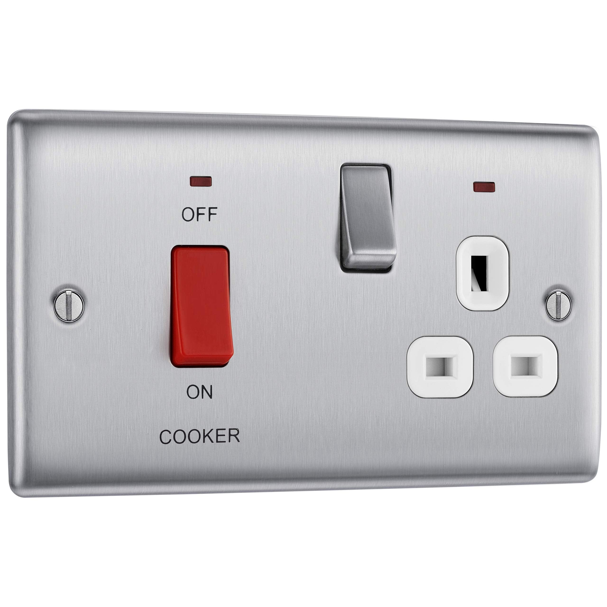 BG Electrical Cooker Switch with Socket and LED, Cooker Control Unit, Control Socket, Double Pole, Raised Profile, Round Edges, Nexus Metal, Brushed Steel, Grey Inserts, 45A, NBS70G