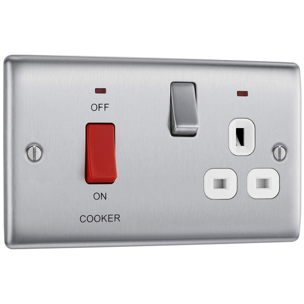 BG Electrical Cooker Switch with Socket and LED, Cooker Control Unit, Control Socket, Double Pole, Raised Profile, Round Edges, Nexus Metal, Brushed Steel, Grey Inserts, 45A, NBS70G