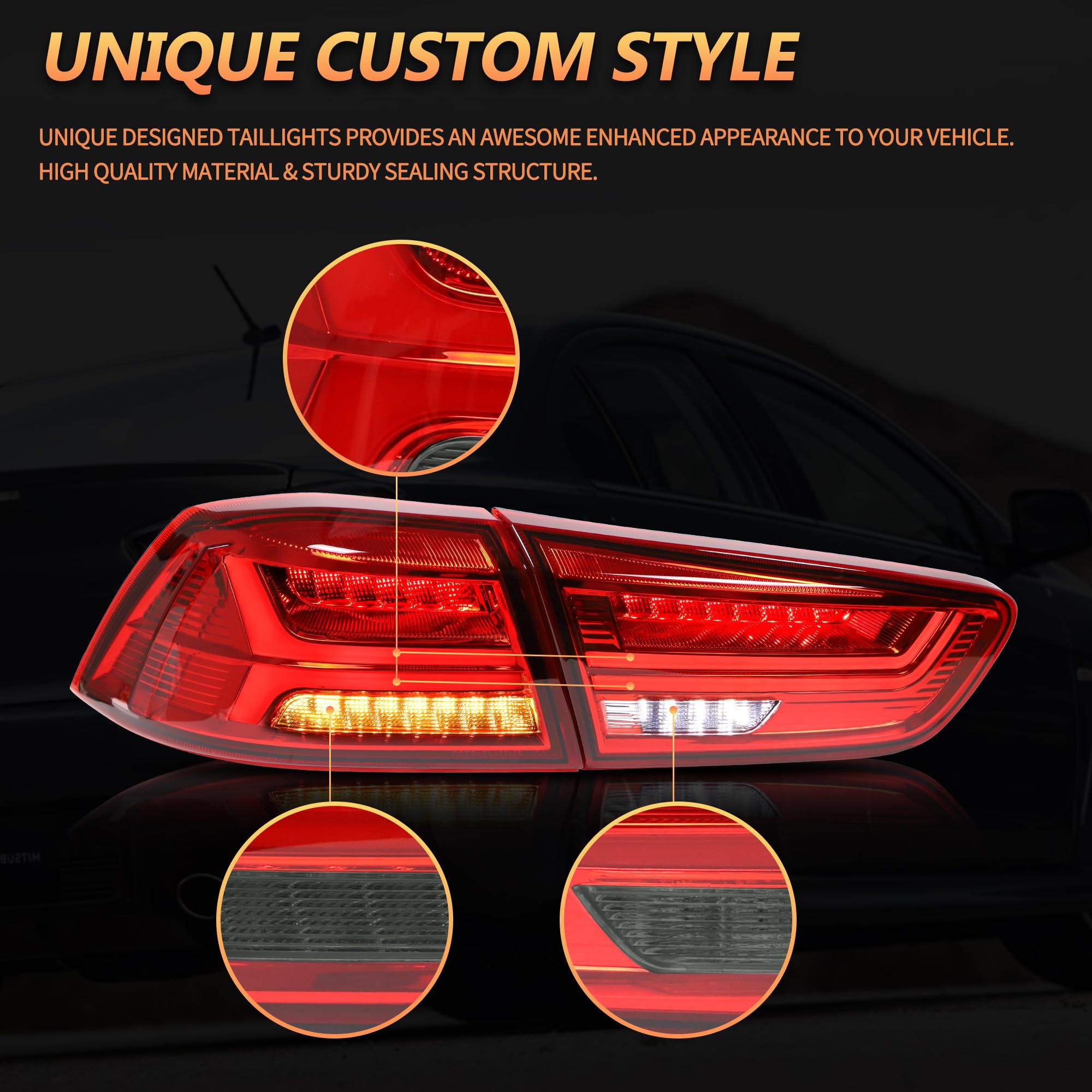 VLAND LED Rear Lights compatible with Lancer & EVO X 2008-2020 (Not Fit fortis/io), w/Sequential indicator, Driver & Passenger Side (Smoked dynamic 2)