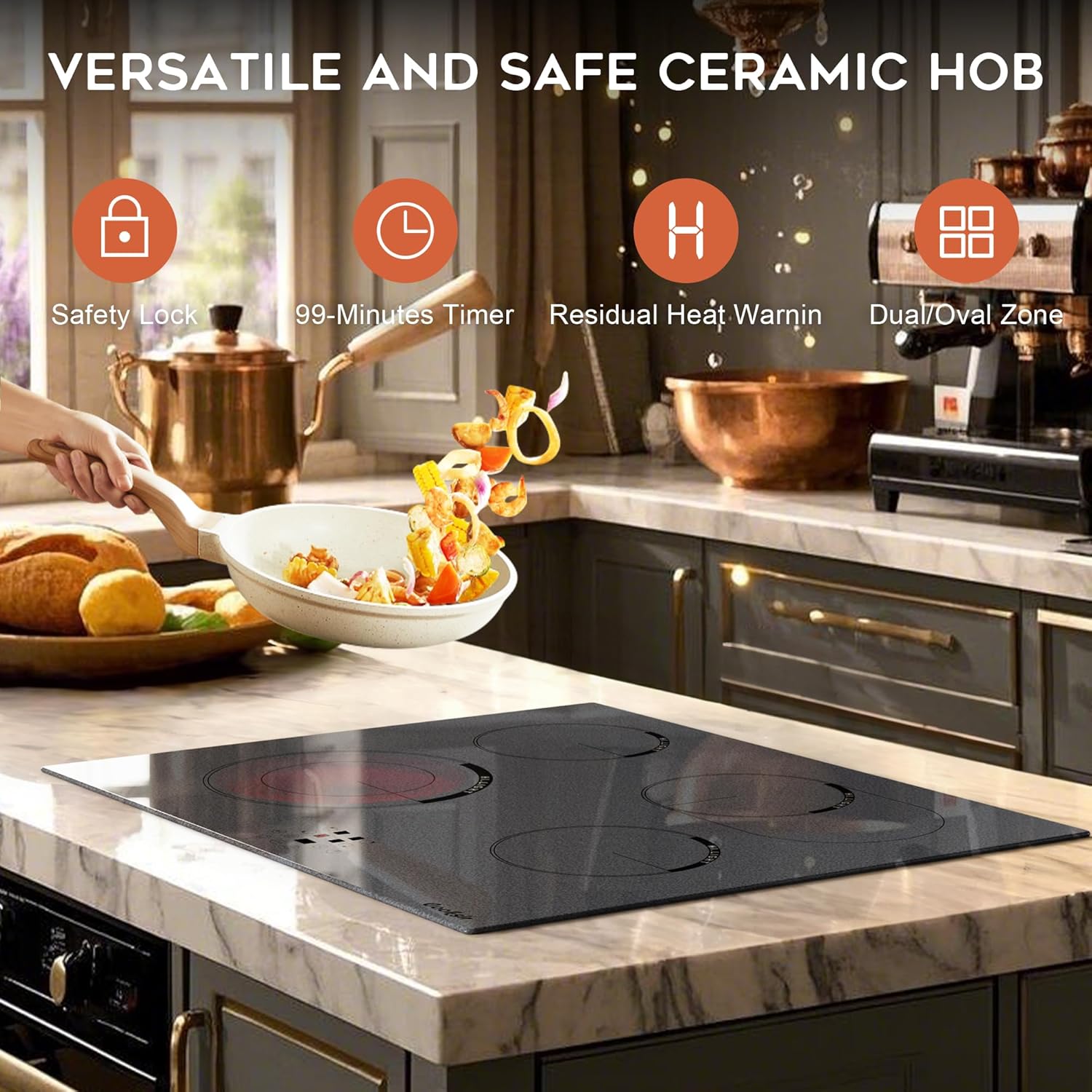 Cooksir Electric Hob 60cm, Ceramic Hob 4 Ring 6700W, Electric Hob 4 Zone with Expandable Dual and Oval Zone, Built-in Hob with Frame, Timer, Safety Lock, 220-240V(No Plug)